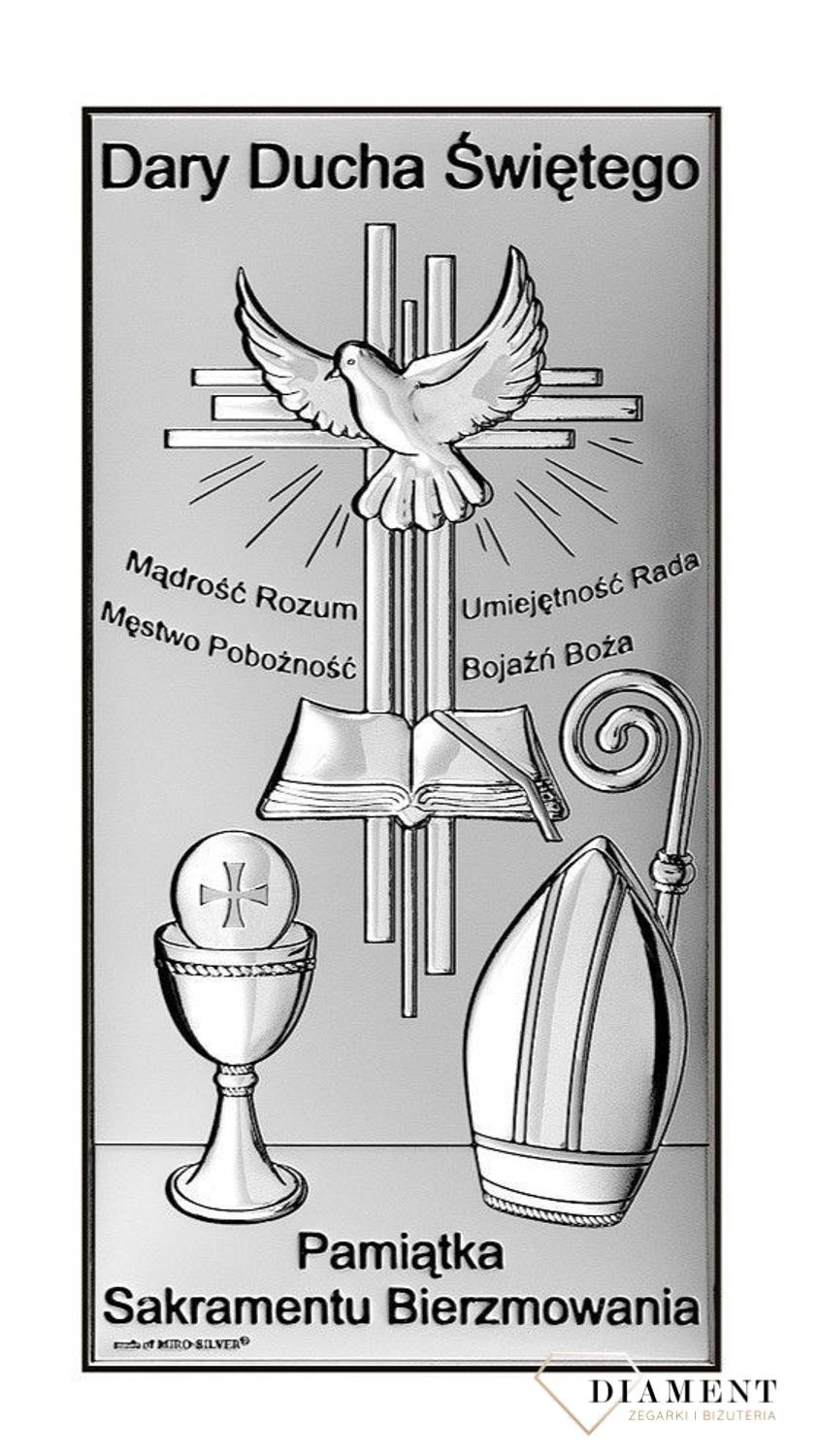 Srebrny obrazek na bierzmowanie Pamiątka bierzmowania 7x14 cm 67192. Piękny obrazek srebrny symbolizujący Sakrament Bierzmowania w formie prostokąta z grawerem. Prezent na bierzmowanie..jpg