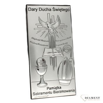 Srebrny obrazek symbolizujący Sakrament Bierzmowania w formie prostokąta z grawerem. Drobny upominek na pamiątkę jednego z  trzech ważnych sakramentów (1).jpg