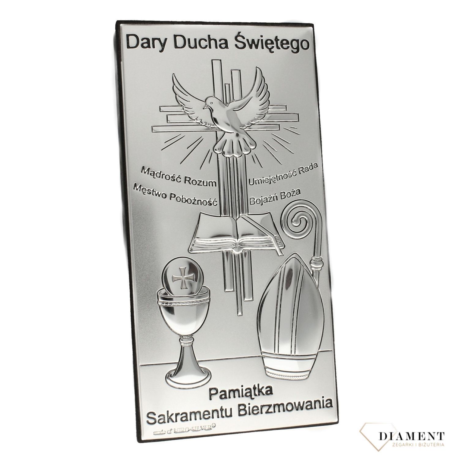 Srebrny obrazek symbolizujący Sakrament Bierzmowania w formie prostokąta z grawerem. Drobny upominek na pamiątkę jednego z  trzech ważnych sakramentów (1).jpg