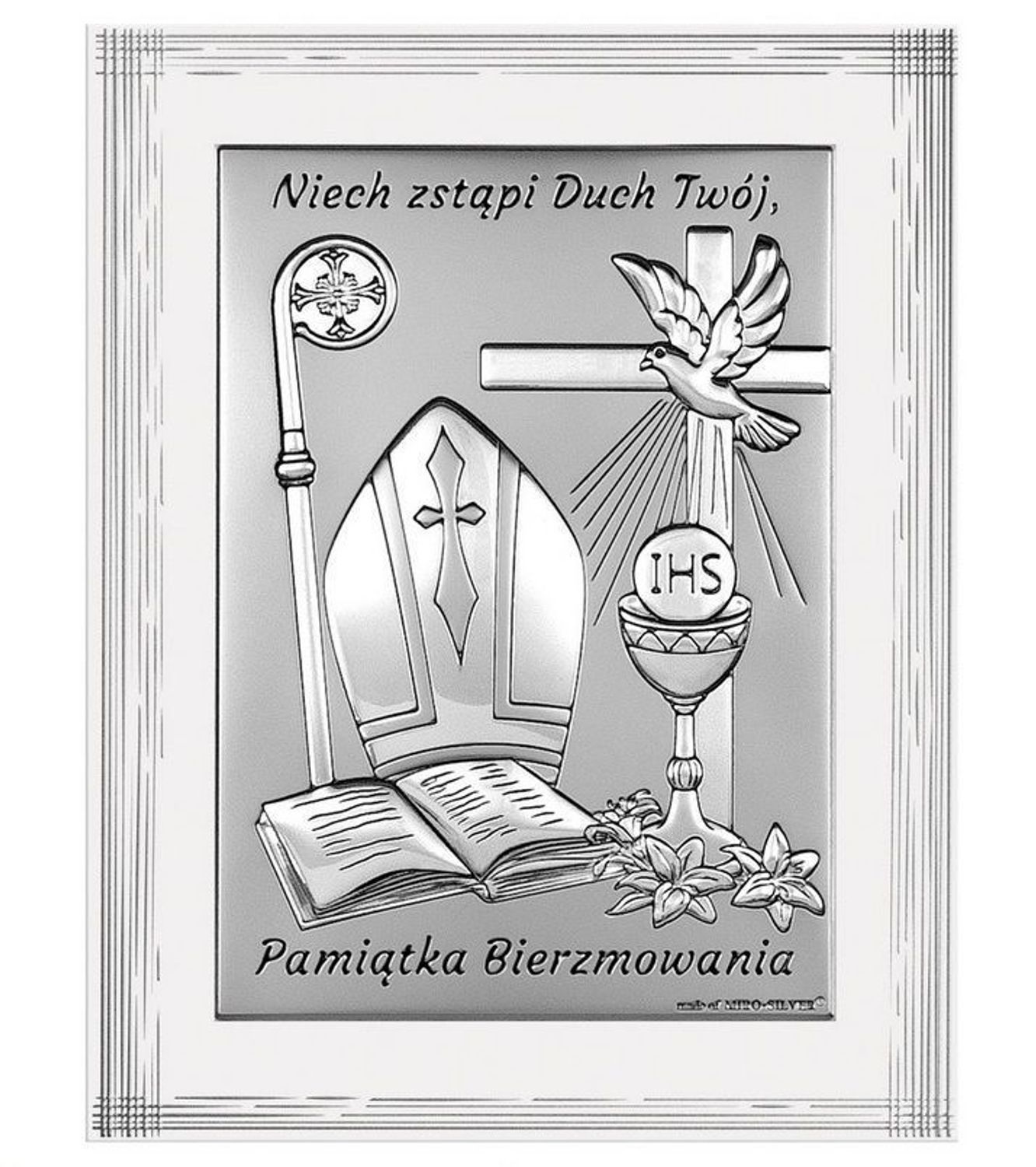 Obrazek srebrny biała ramka symbolizujący Sakrament Bierzmowania BC6721F2.jpg