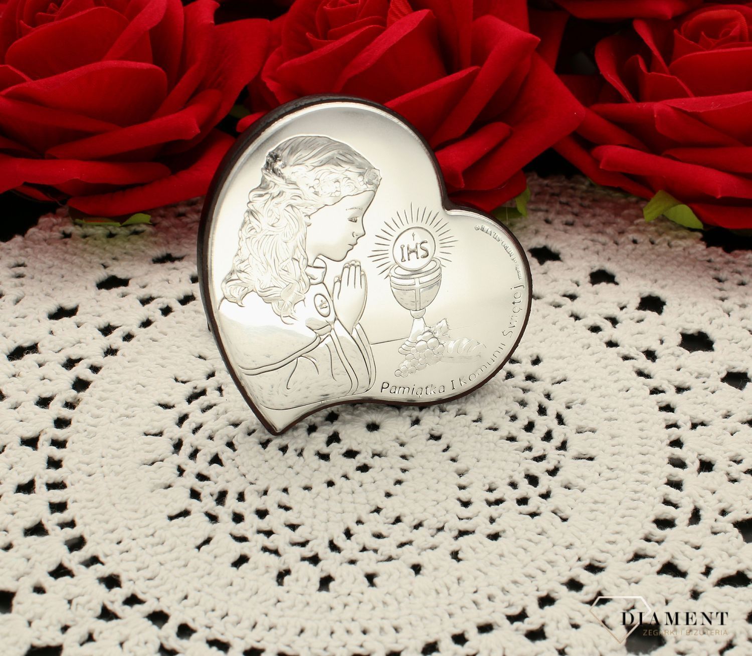 Obrazek srebrny Pierwsza Komunia Święta serduszko dla dziewczynki z grawerem 6746.1. Pamiątka I Komunii Świętej. Obrazek z grawerem na komunie. Prezent na komunie dla dziewczynki..jpg