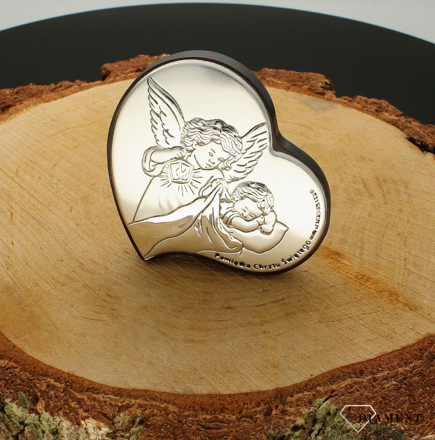 Piękny obrazek srebrny w kształcie serca, Pamiątka Chrztu Św., Aniołek z latarenką.jpg