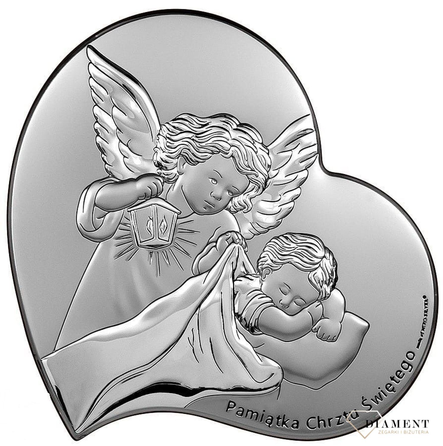 Piękny obrazek srebrny w kształcie serca, Pamiątka Chrztu Św., Aniołek z latarenką.jpg