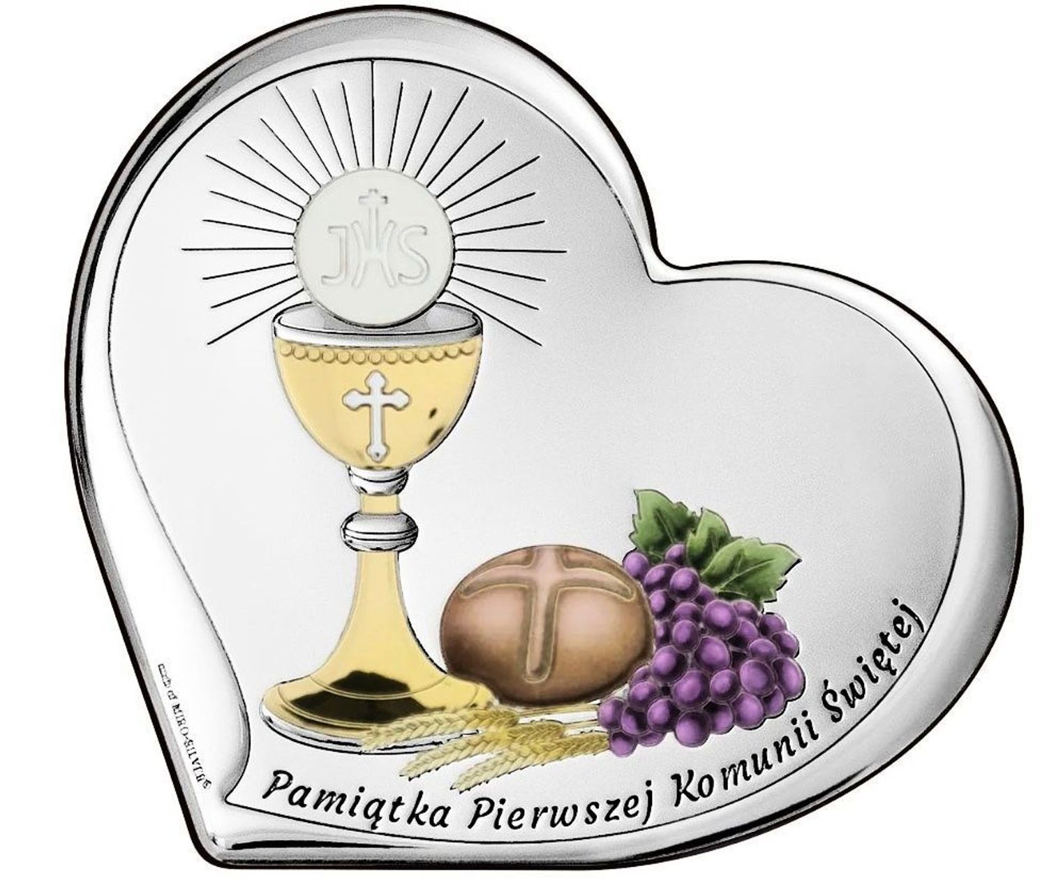 Obrazek Komunijny Serce – Pamiątka Pierwszej Komunii Świętej z grawerem  Posrebrzany PVD 15,5x14 cm.jpg