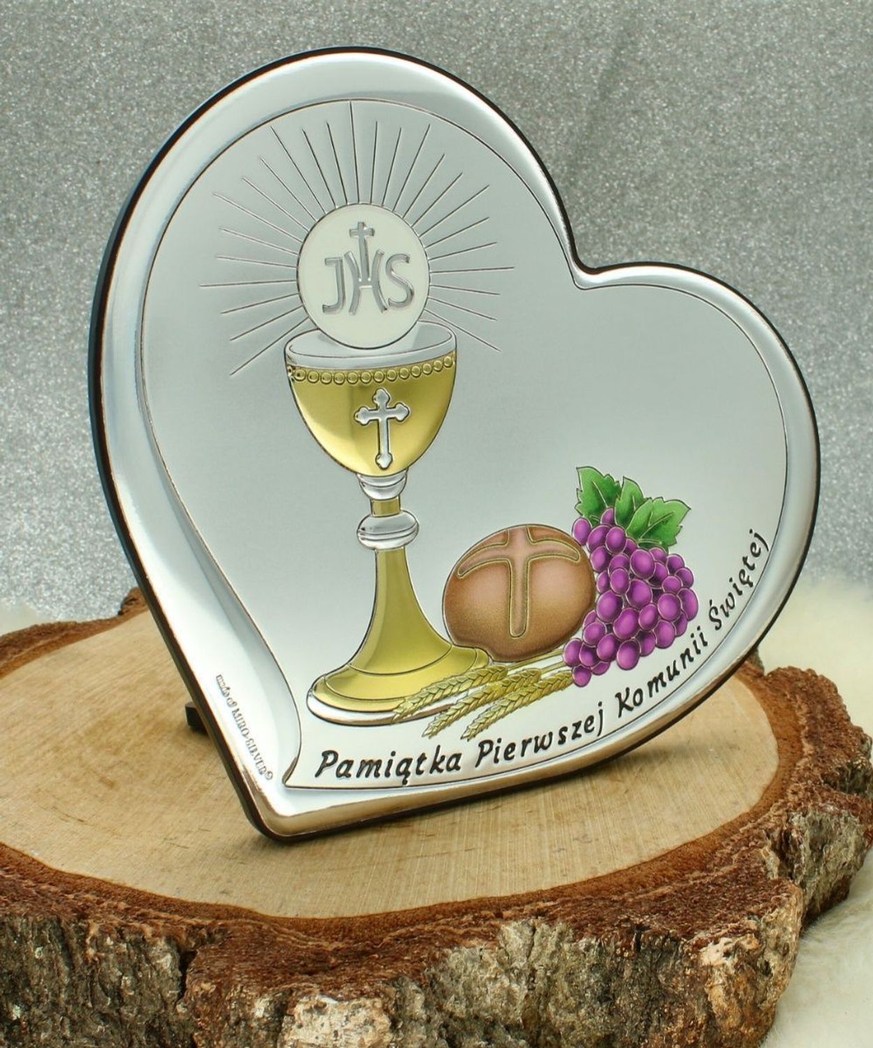 Obrazek Komunijny Serce – Pamiątka Pierwszej Komunii Świętej z grawerem  Posrebrzany PVD 15,5x14 cm.jpg