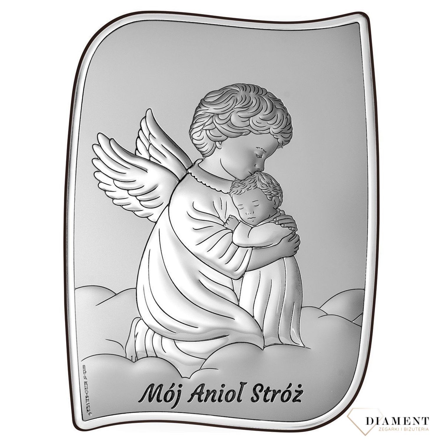 Obrazek srebrny z Aniołem Stróżem to piękna ozdoba dziecięcego pokoju. Pamiątka jest symbolicznym przedstawieniem opieki roztoczonej nad malcem przez Bożą Opatrzność..jpg