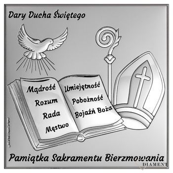 srebrny symbolizujący Sakrament Bierzmowania w formie prostokąta z grawerem. Bierzmowanie to jeden z trzech sakramentów wtajemniczenia chrześcijańskiego w Kościele katolickim.jpg