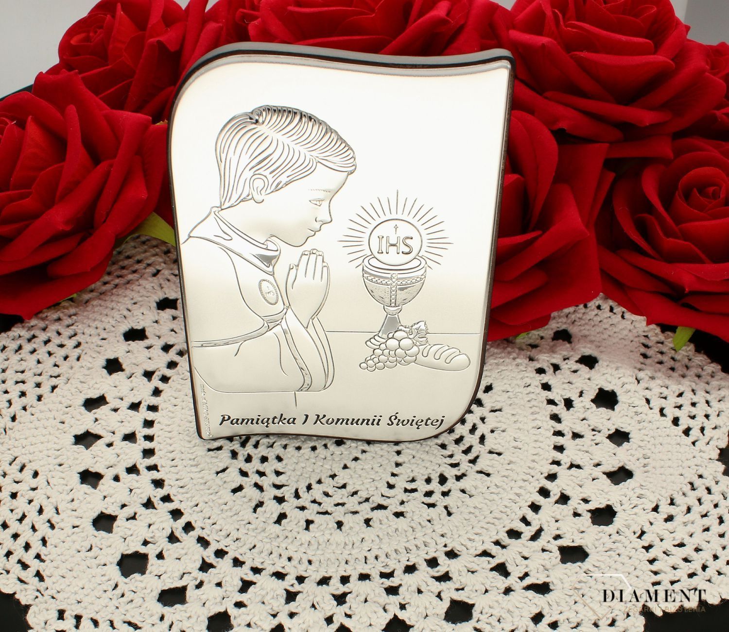 Obrazek srebrny Pierwsza Komunia Święta dla chłopca z grawerem 6793.2XO. Pamiątka I komunii świętej. prezent na komunie dla chłopca. Prezent na rocznice komuni. srebrny obrazek na komunie z grawerem.jpg