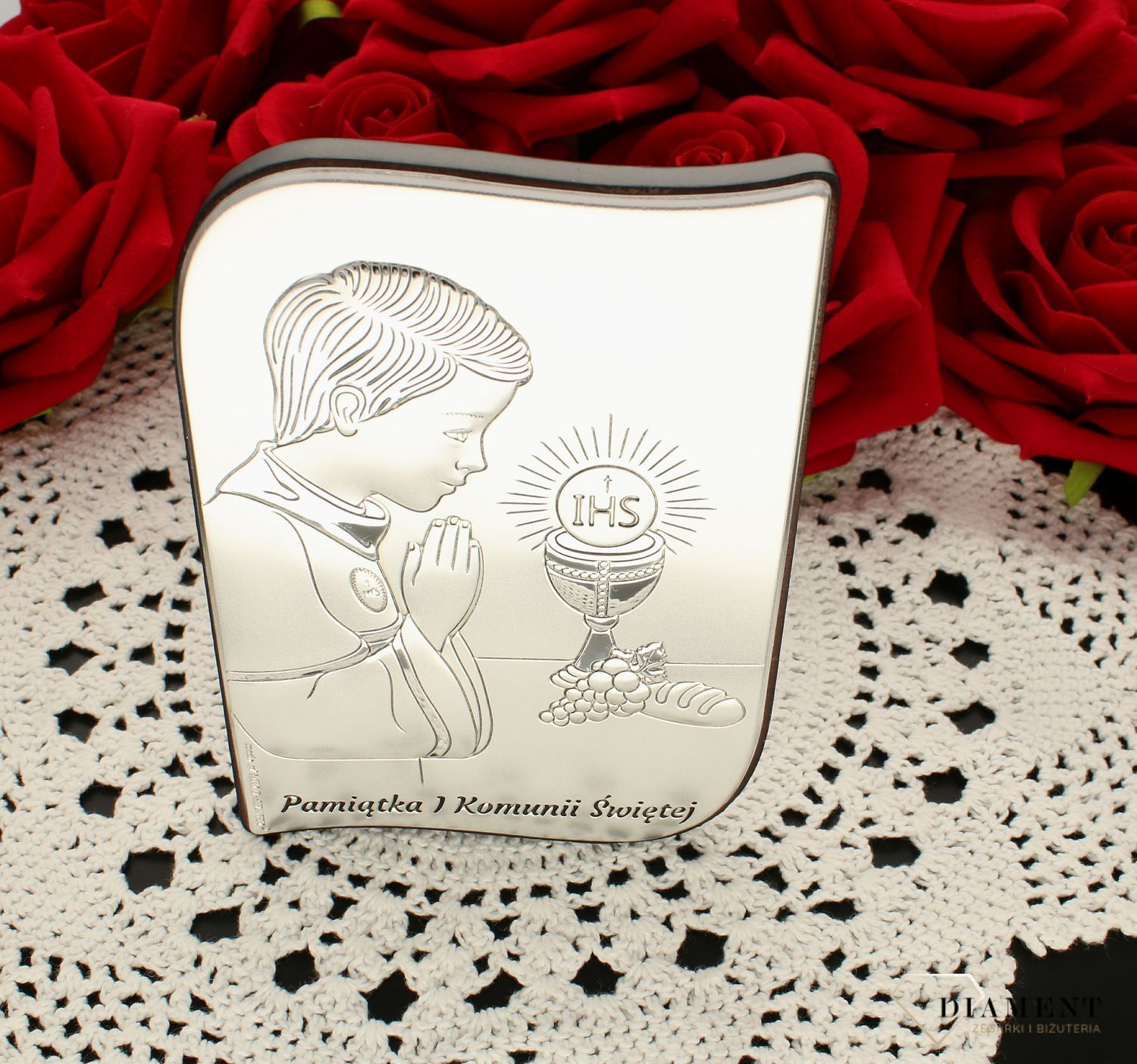 Obrazek srebrny Pierwsza Komunia Święta dla chłopca z grawerem 6793.2XO. Pamiątka I komunii świętej. prezent na komunie dla chłopca. Prezent na rocznice komuni. srebrny obrazek na komunie z grawerem.jpg
