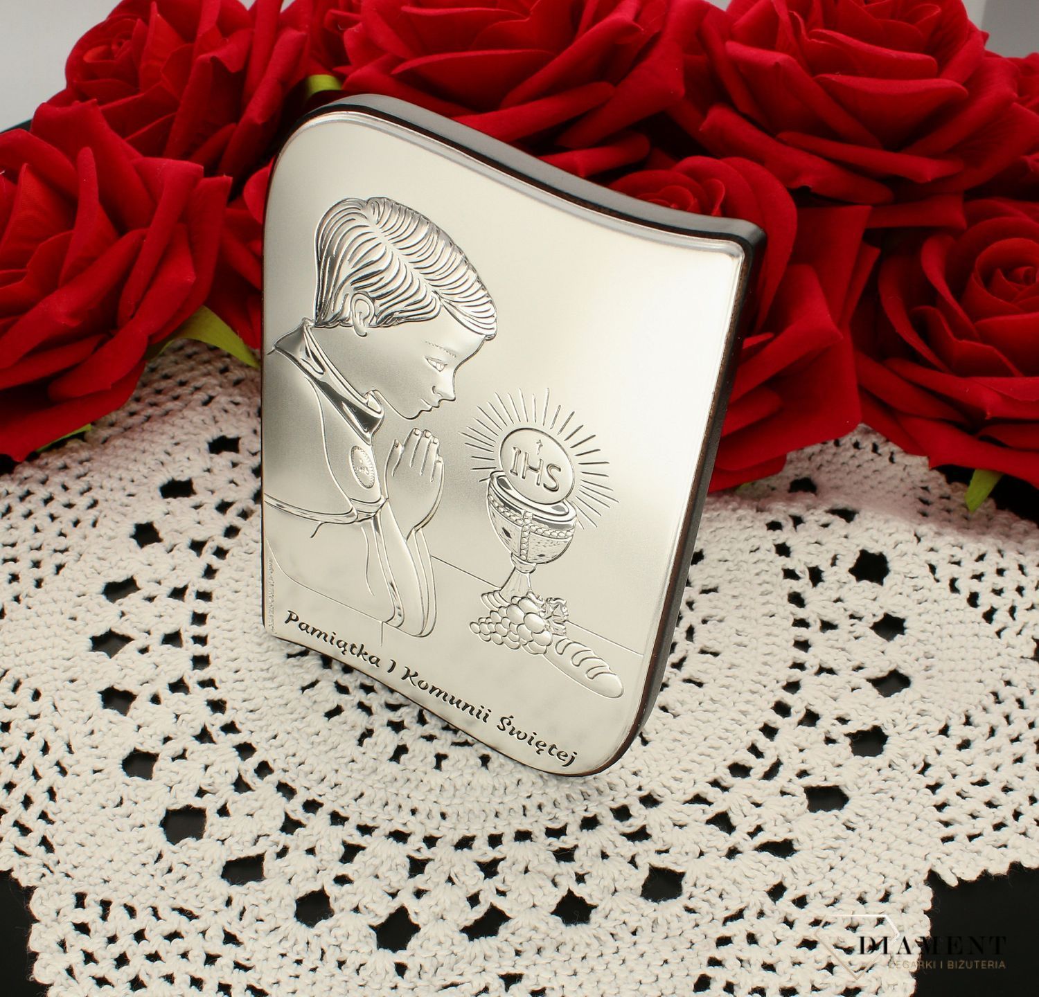 Obrazek srebrny Pierwsza Komunia Święta dla chłopca z grawerem 6793.2XO. Pamiątka I komunii świętej. prezent na komunie dla chłopca. Prezent na rocznice komuni. srebrny obrazek na komunie z grawerem.jpg