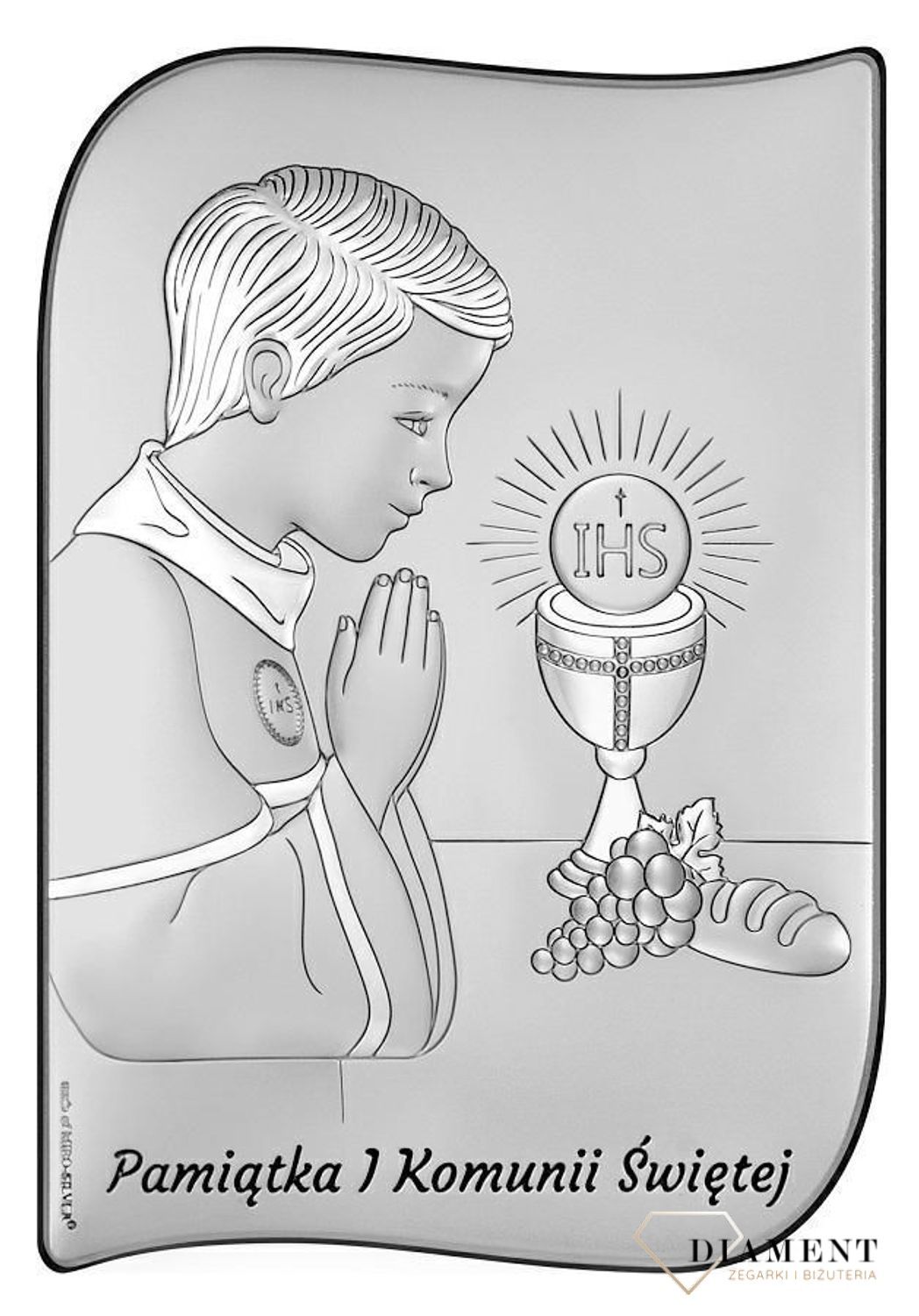 Obrazek srebrny Pierwsza Komunia Święta dla chłopca z grawerem 6793.2XO. Pamiątka I komunii świętej. prezent na komunie dla chłopca. Prezent na rocznice komuni. srebrny obrazek na komunie z grawerem.jpg