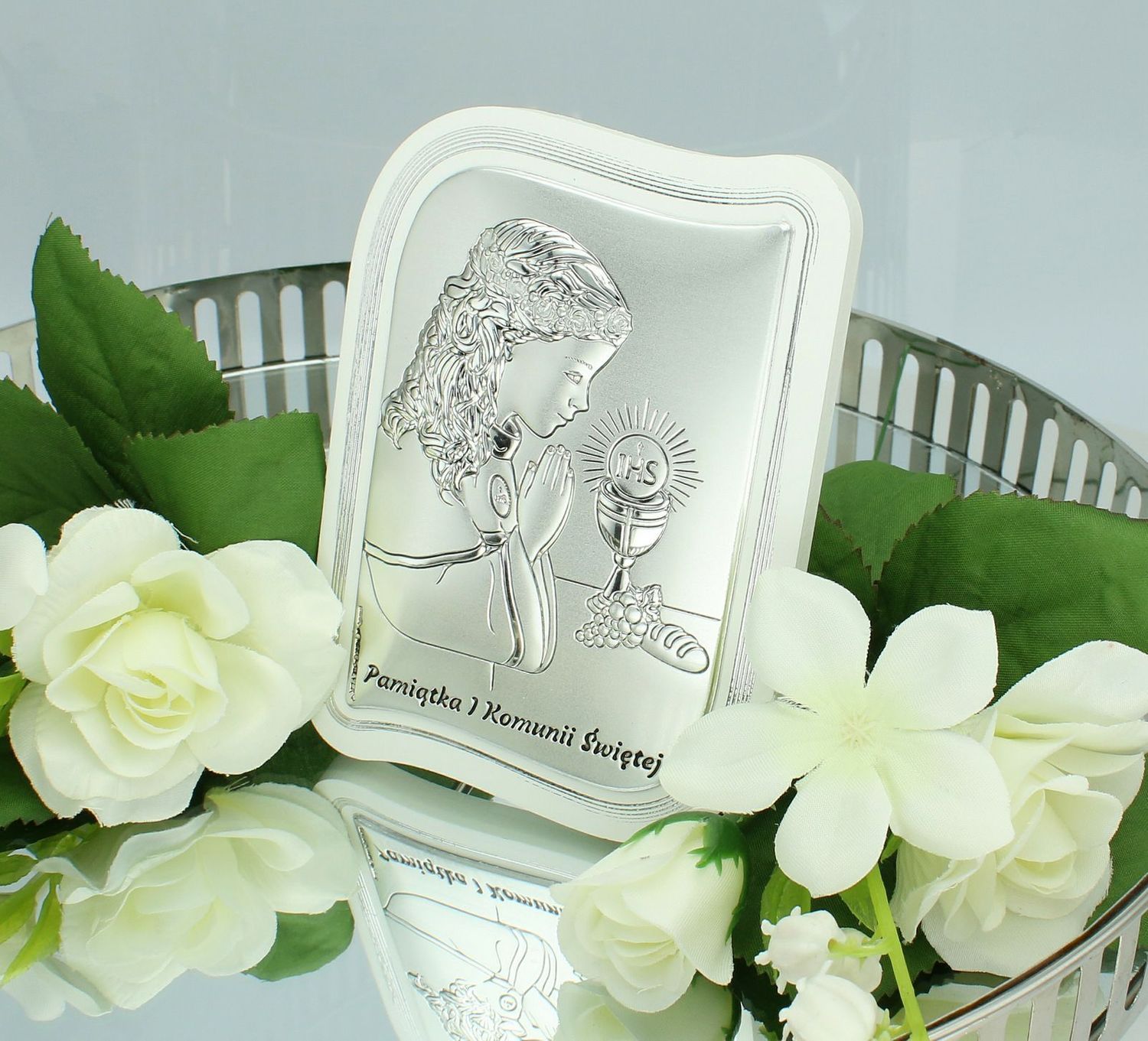 Obrazek pokryty srebrem Pamiątka Pierwszej Komunii Świętej dla dziewczynki 6793W2A..jpg