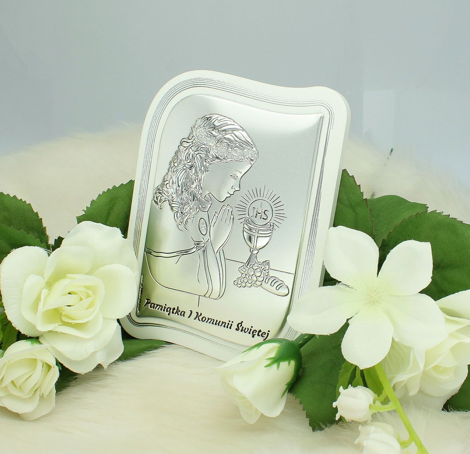 Obrazek pokryty srebrem Pamiątka Pierwszej Komunii Świętej dla dziewczynki 6793W2A..jpg