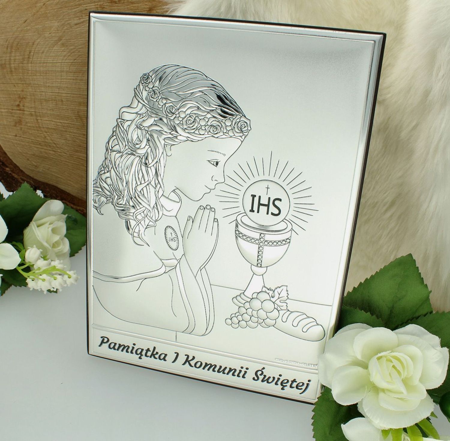 Obrazek pokryty srebrem Pamiątka Pierwszej Komunii Świętej dla dziewczynki 67953A..jpg