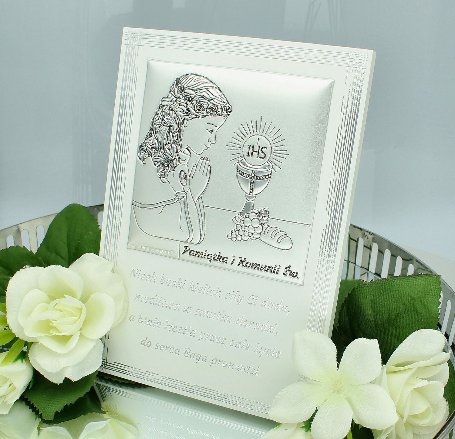 Obrazek pokryty srebrem Pamiątka Pierwszej Komunii Świętej dla dziewczynki z życzeniami 6797PN2A. . Pamiątka na I komunię świętą dla dziewczynki. Obrazek platerowany srebrem komunijny. Prezent na komunię..jpg