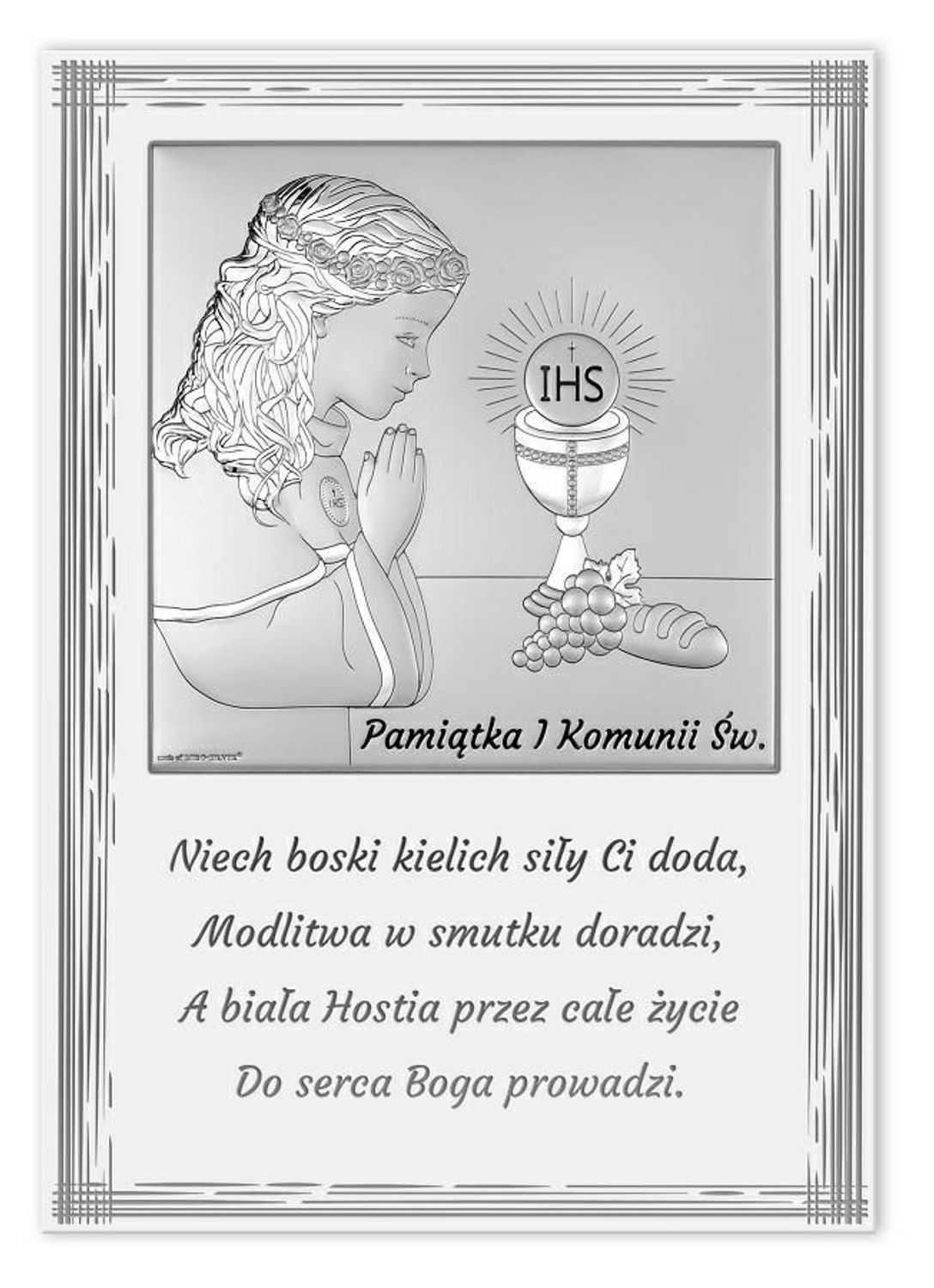 Obrazek pokryty srebrem Pamiątka Pierwszej Komunii Świętej dla dziewczynki z życzeniami 6797PN2A. . Pamiątka na I komunię świętą dla dziewczynki. Obrazek platerowany srebrem komunijny. Prezent na komunię..jpg