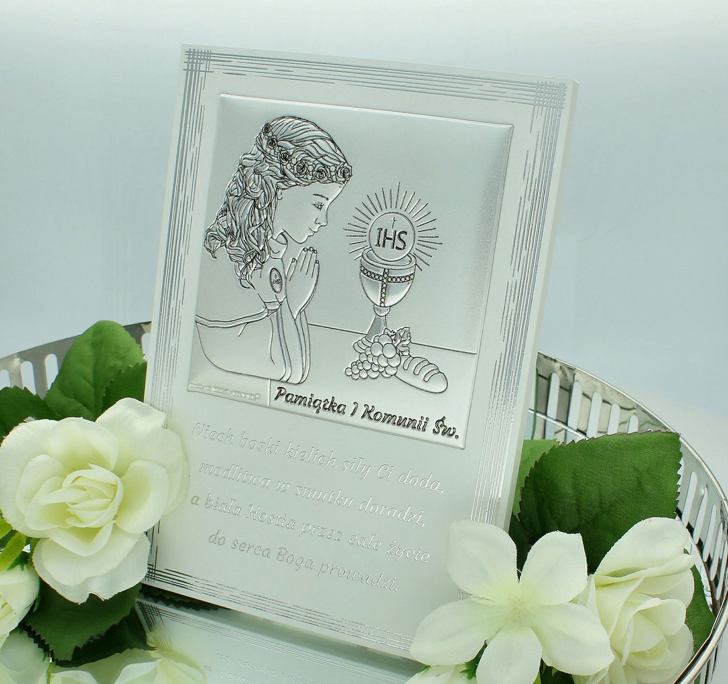 Obrazek pokryty srebrem Pamiątka Pierwszej Komunii Świętej dla dziewczynki z życzeniami 6797PN2A. . Pamiątka na I komunię świętą dla dziewczynki. Obrazek platerowany srebrem komunijny. Prezent na komunię..jpg