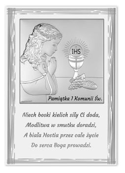 Obrazek pokryty srebrem Pamiątka Pierwszej Komunii Świętej dla dziewczynki z życzeniami 6797PN2A. . Pamiątka na I komunię świętą dla dziewczynki. Obrazek platerowany srebrem komunijny. Prezent na komunię..jpg