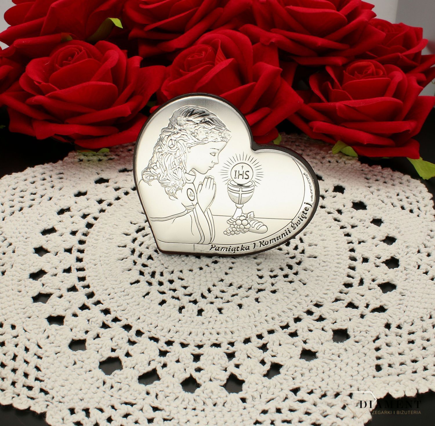 Obrazek srebrny Pierwsza Komunia Święta dla dziewczynki z grawerem 6800.1A. Pamiątka pierwszej komunii. Rocznica komunii prezent. Obrazek srebrny dla dziewczynki na komunię. Z grawerem..jpg