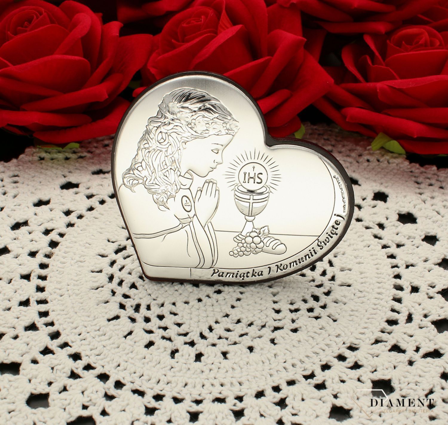 Obrazek srebrny Pierwsza Komunia Święta dla dziewczynki z grawerem 6800.1A. Pamiątka pierwszej komunii. Rocznica komunii prezent. Obrazek srebrny dla dziewczynki na komunię. Z grawerem..jpg