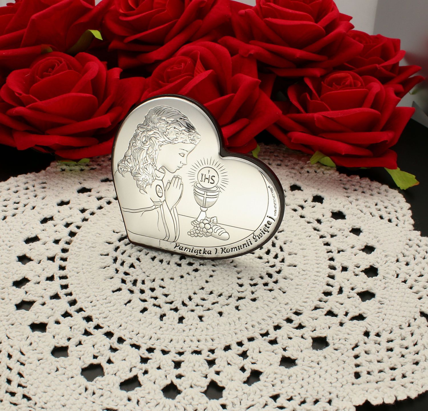 Obrazek srebrny Pierwsza Komunia Święta dla dziewczynki z grawerem 6800.1A. Pamiątka pierwszej komunii. Rocznica komunii prezent. Obrazek srebrny dla dziewczynki na komunię. Z grawerem..jpg