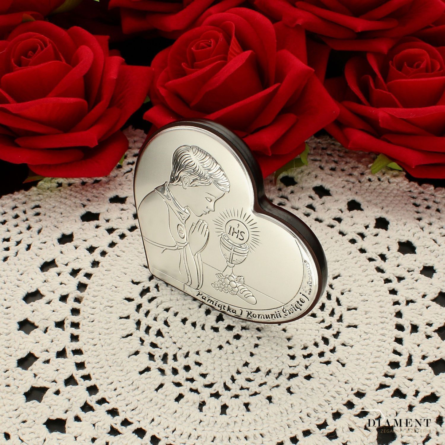 Obrazek srebrny Pierwsza Komunia Święta serduszko dla chłopca z grawerem 6800.1O. Pamiątka I Komunii Świętej. Obrazek z grawerem na komunie. Prezent na komunie dla chłopca..jpg