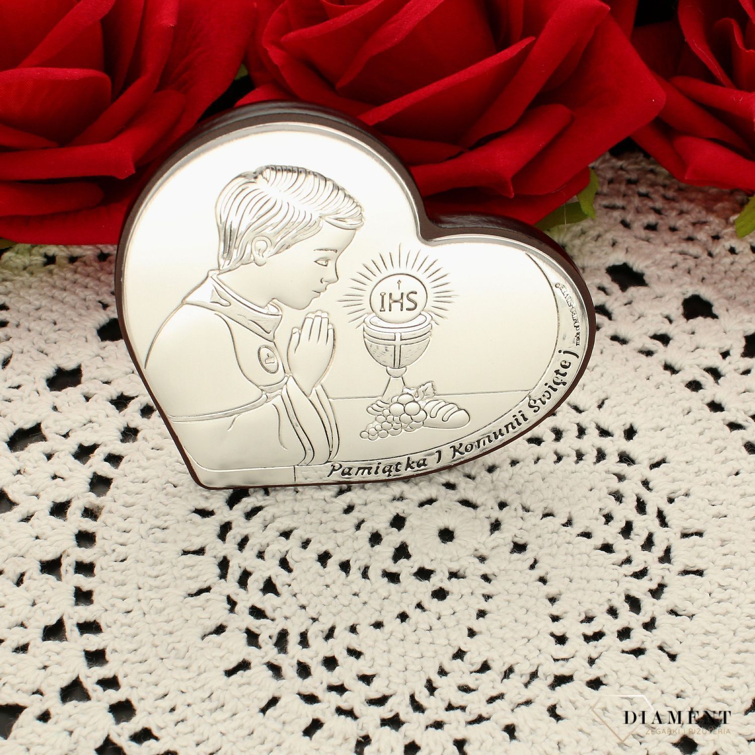Obrazek srebrny Pierwsza Komunia Święta serduszko dla chłopca z grawerem 6800.1O. Pamiątka I Komunii Świętej. Obrazek z grawerem na komunie. Prezent na komunie dla chłopca..jpg