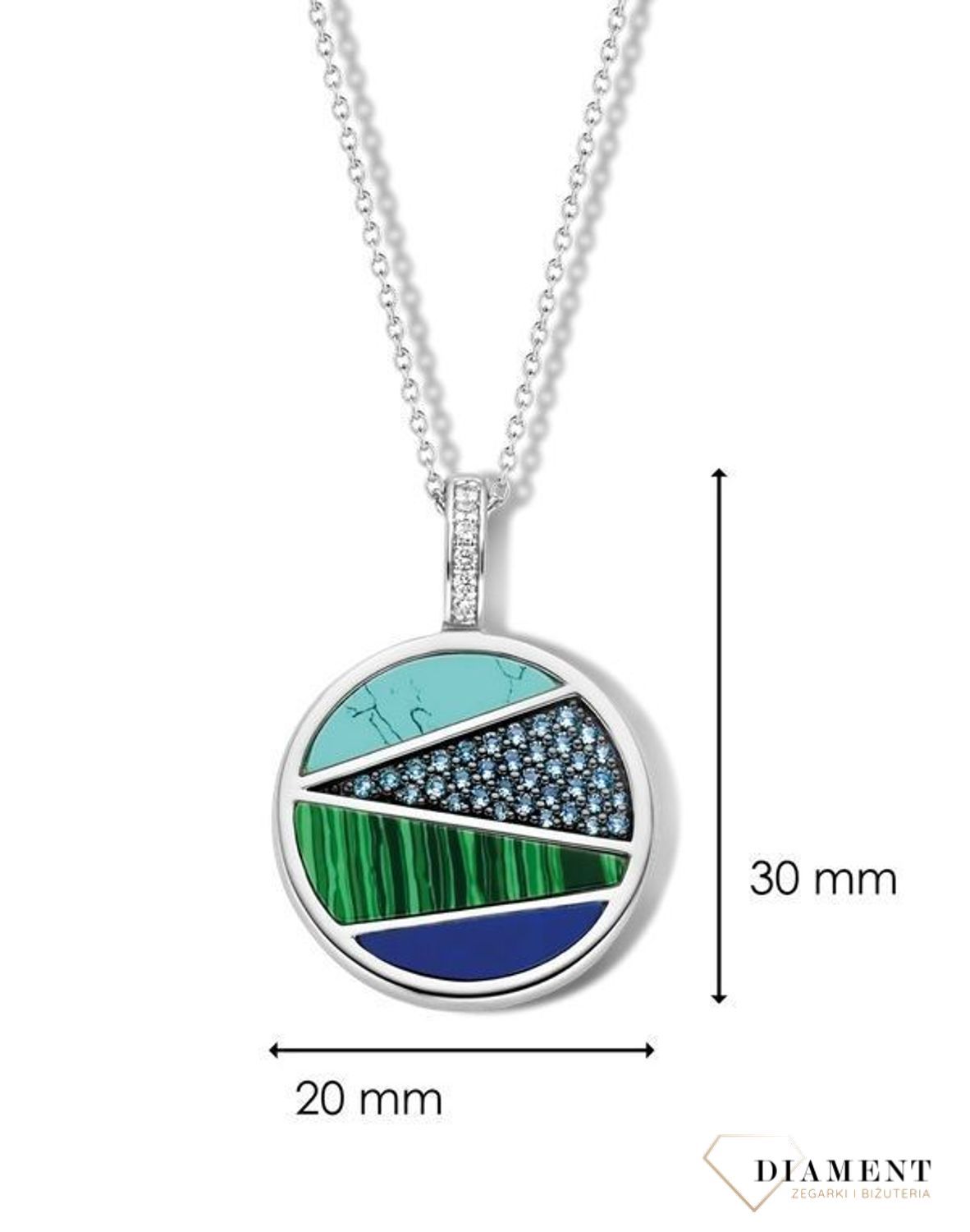 Srebrny naszyjnik TI SENTO malachit, turkus, niebieska cyrkonia 6804TQ. Zawieszka w kształcie koła ozdobiona malachitem, turkusem, niebieską cyrkonią oraz granatową masą jubilerską (2).jpg