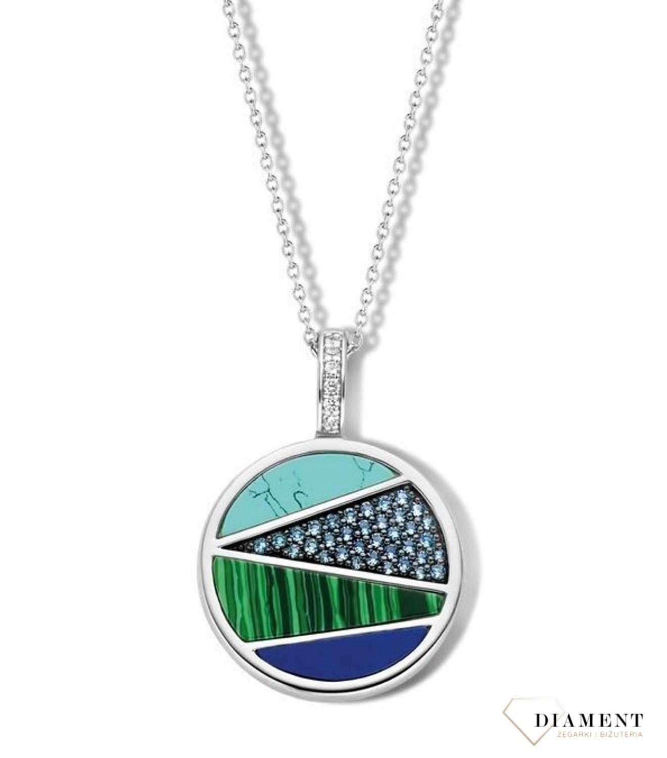 Srebrny naszyjnik TI SENTO malachit, turkus, niebieska cyrkonia 6804TQ. Zawieszka w kształcie koła ozdobiona malachitem, turkusem, niebieską cyrkonią oraz granatową masą jubilerską (2).jpg