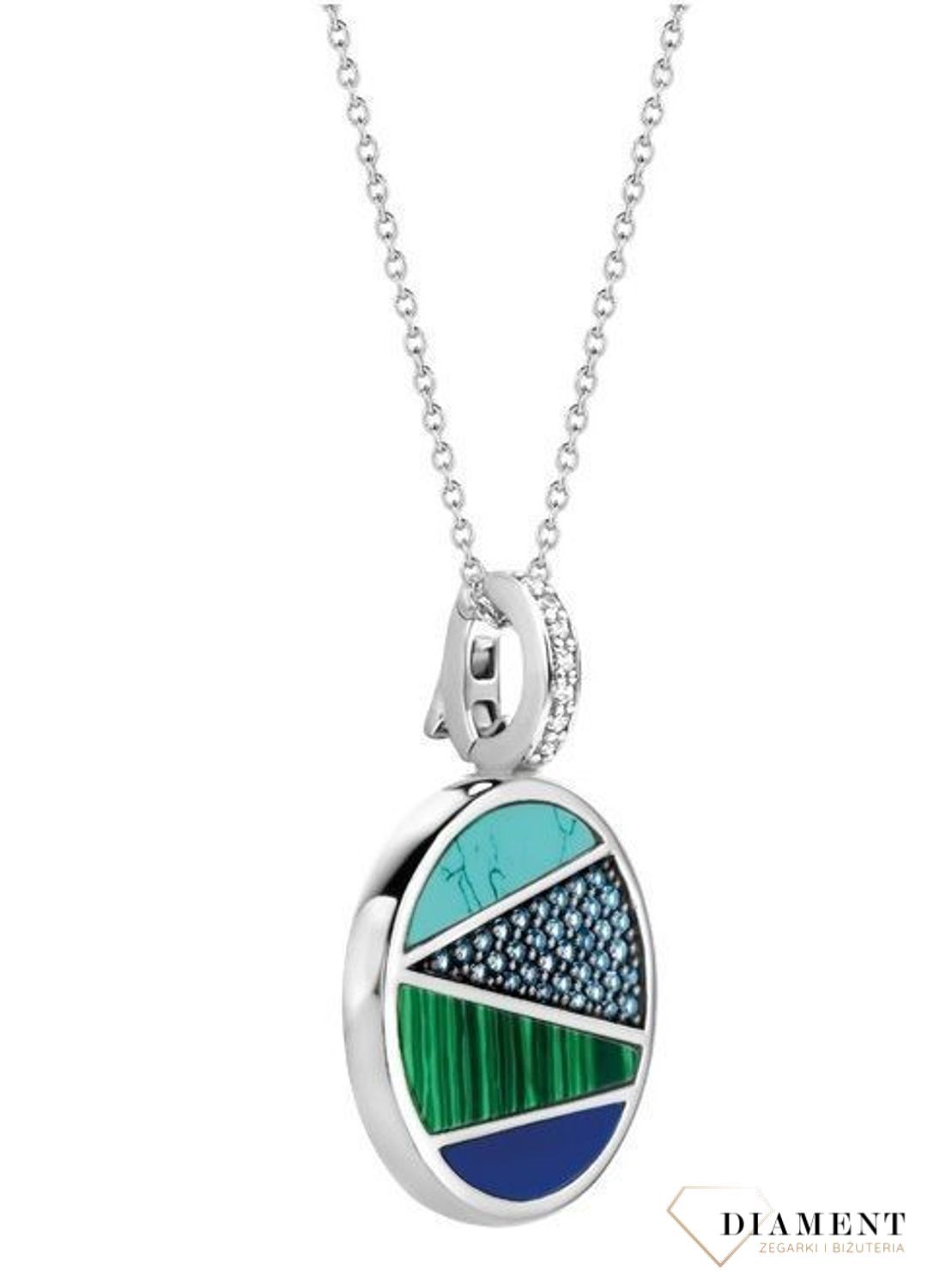 Srebrny naszyjnik TI SENTO malachit, turkus, niebieska cyrkonia 6804TQ. Zawieszka w kształcie koła ozdobiona malachitem, turkusem, niebieską cyrkonią oraz granatową masą jubilerską (2).jpg