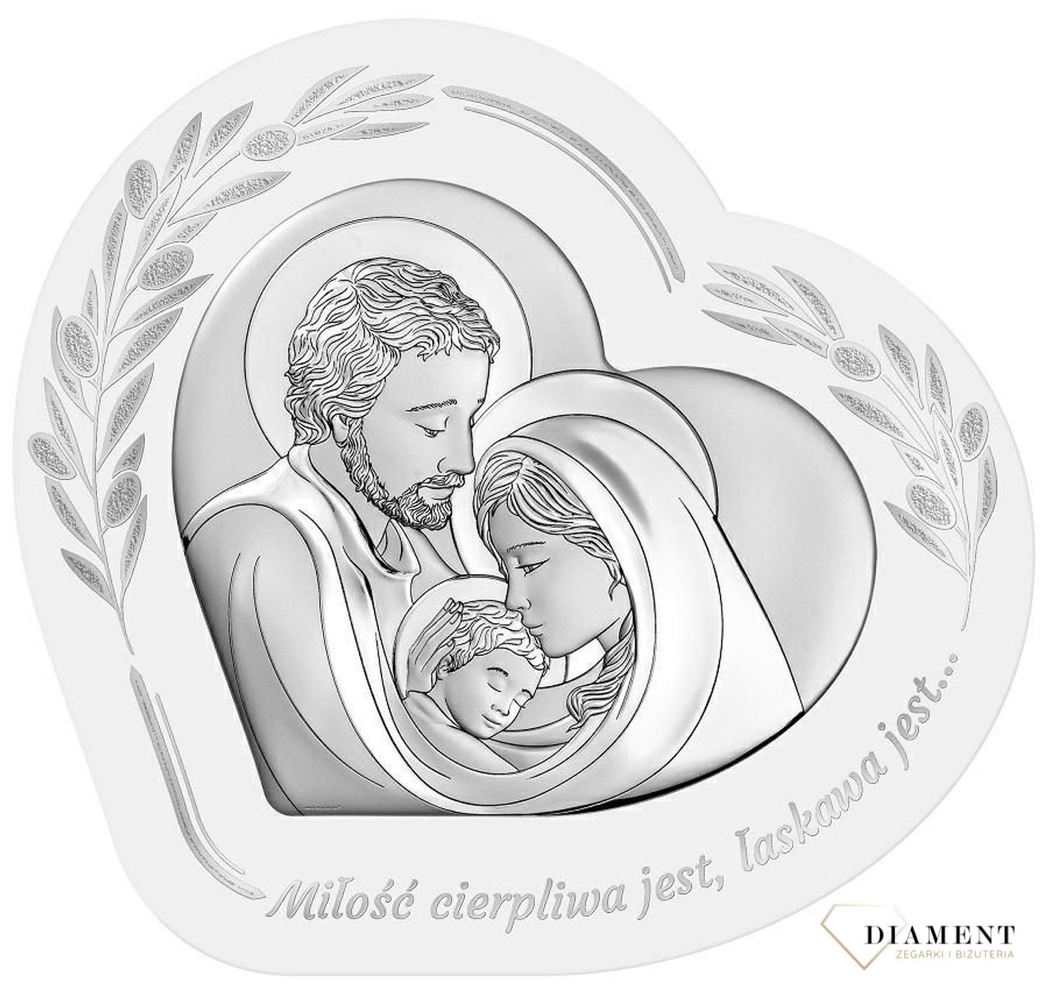 Srebrny obrazek Rodzina Święta Miłość cierpliwa jest 6811W.2X 21x19,5 cm. Obrazek święty z wizerunkiem Świętej Rodziny - doskonały jako pamiątka Ślubu dla Młodej Pary, prezent od nowożeńców dla rodziców oraz na rocznicę małżeństwa.jpg