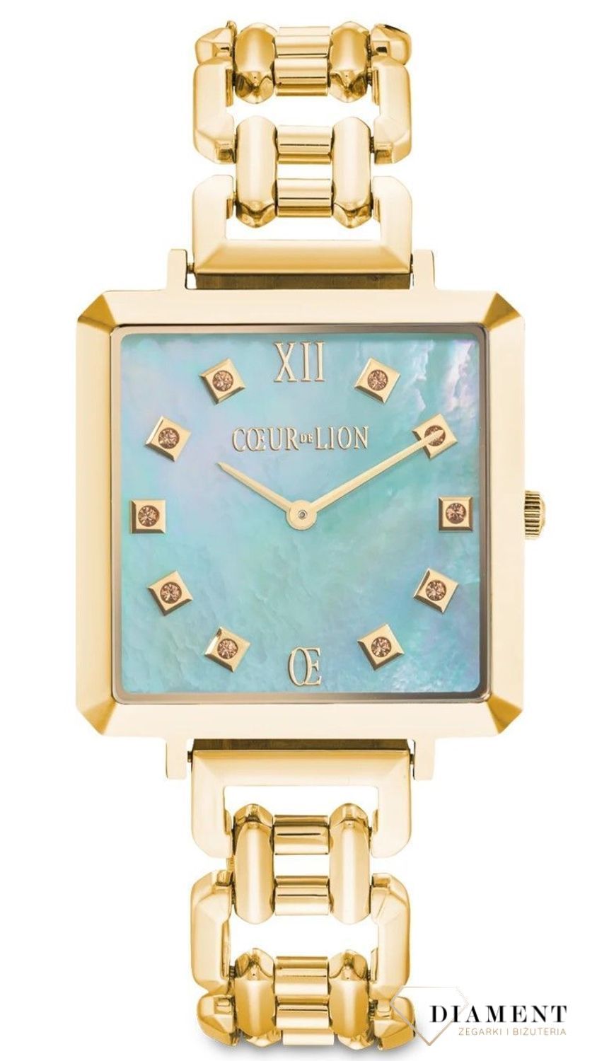 Zegarek damski Coeur de Lion Iconic Cube Ocean Vibes 7632741606.Piękny zegarek ozdobiony kryształami Swarovskiego. Zegarek na złotej biżuteryjnej bransolecie. Piękne uzupełnienie każdej damskiej stylizacji. Zegar.jpg