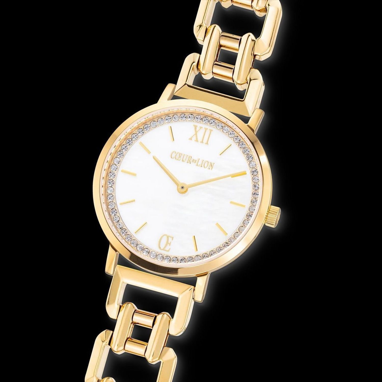 Luksusowy złoty zegarek Mother-of-Pearl Statement z tarczą z masy perłowej, kryształami i japońskim mechanizmem kwarcowym. Biżuteryjny design na wyjątkowe chwile.1.jpg