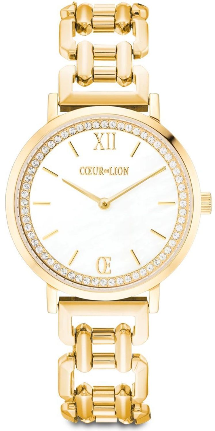 Luksusowy złoty zegarek Mother-of-Pearl Statement z tarczą z masy perłowej, kryształami i japońskim mechanizmem kwarcowym. Biżuteryjny design na wyjątkowe chwile.1.jpg