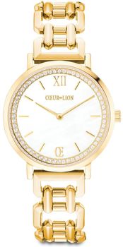 Luksusowy złoty zegarek Mother-of-Pearl Statement z tarczą z masy perłowej, kryształami i japońskim mechanizmem kwarcowym. Biżuteryjny design na wyjątkowe chwile.1.jpg