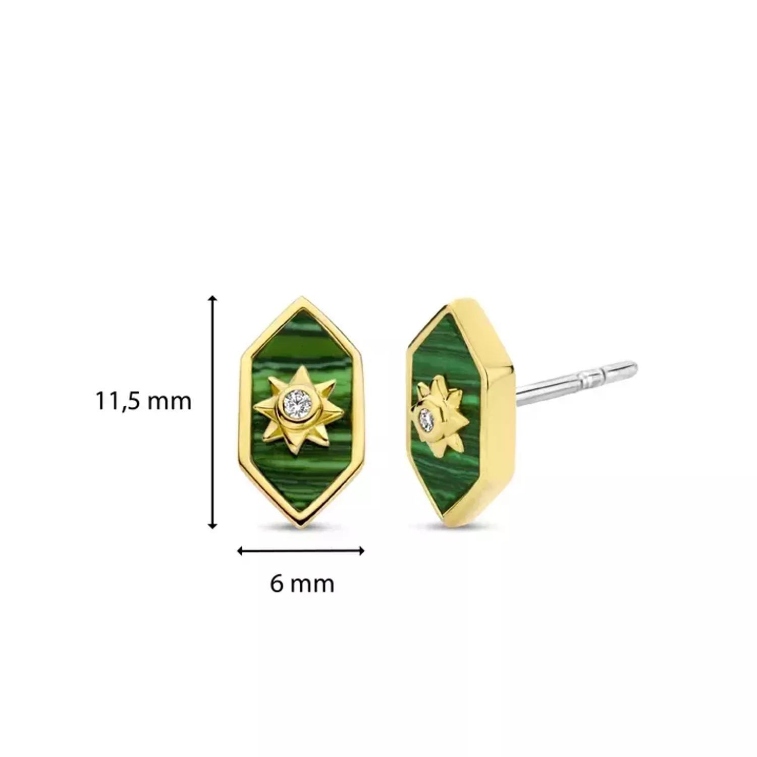 Kolczyki damskie pokryte złotem TI SENTO Malachit z promiennym ciepłym złotem 7943MA Urzekające kolczyki ze srebra pokrytego złotem w kształcie hexogonu. Kolczyki marki Ti Sento idealne dla kobiet, które kochają klasyczną b.webp