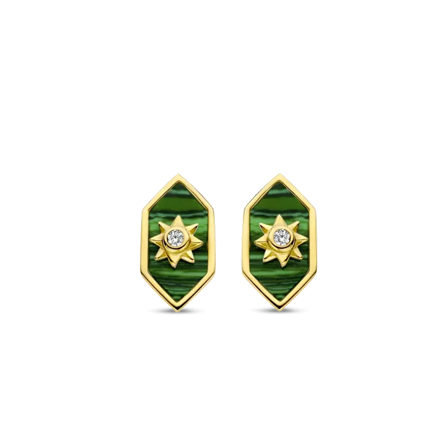 Kolczyki damskie pokryte złotem TI SENTO Malachit z promiennym ciepłym złotem 7943MA Urzekające kolczyki ze srebra pokrytego złotem w kształcie hexogonu. Kolczyki marki Ti Sento idealne dla kobiet, które kochają klasyczną b.webp