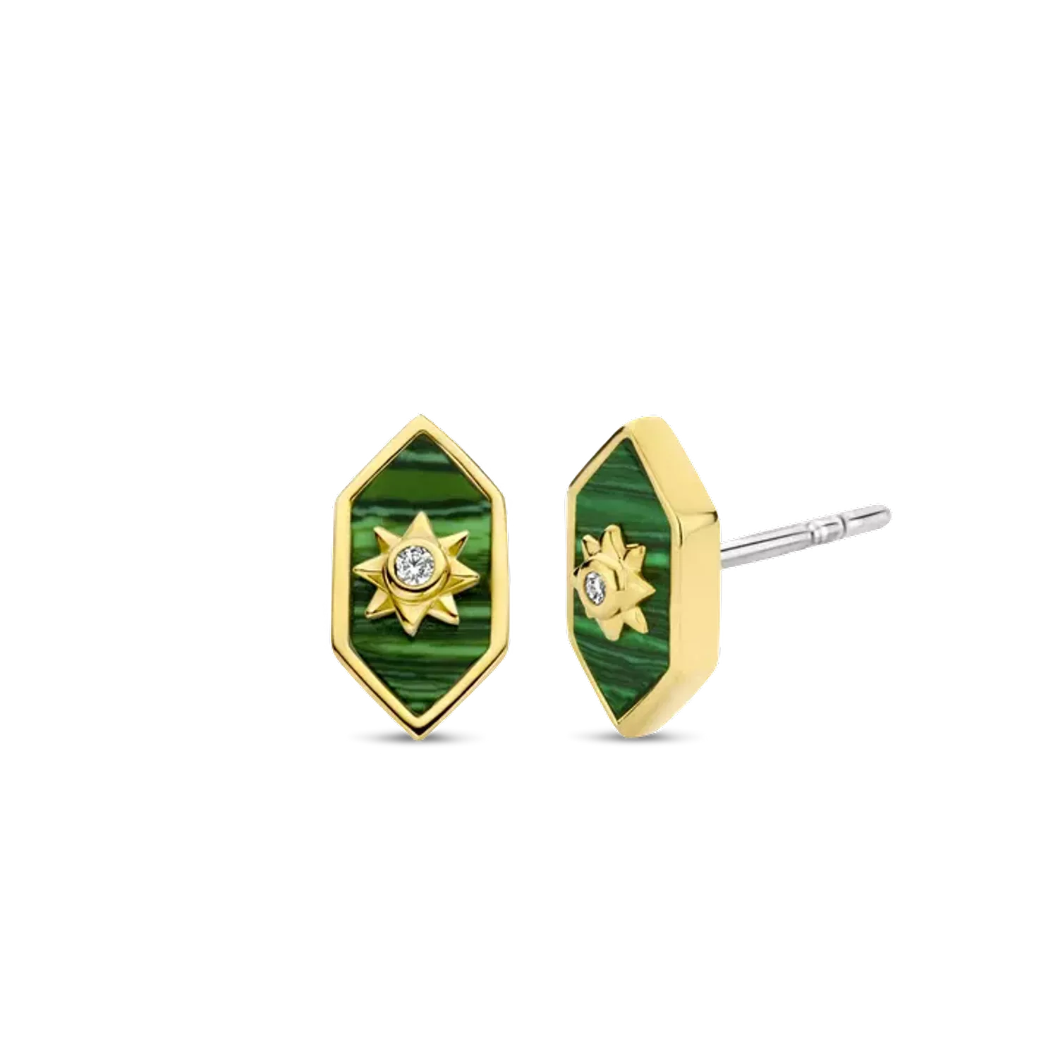 Kolczyki damskie pokryte złotem TI SENTO Malachit z promiennym ciepłym złotem 7943MA Urzekające kolczyki ze srebra pokrytego złotem w kształcie hexogonu. Kolczyki marki Ti Sento idealne dla kobiet, które kochają klasyczną b.webp