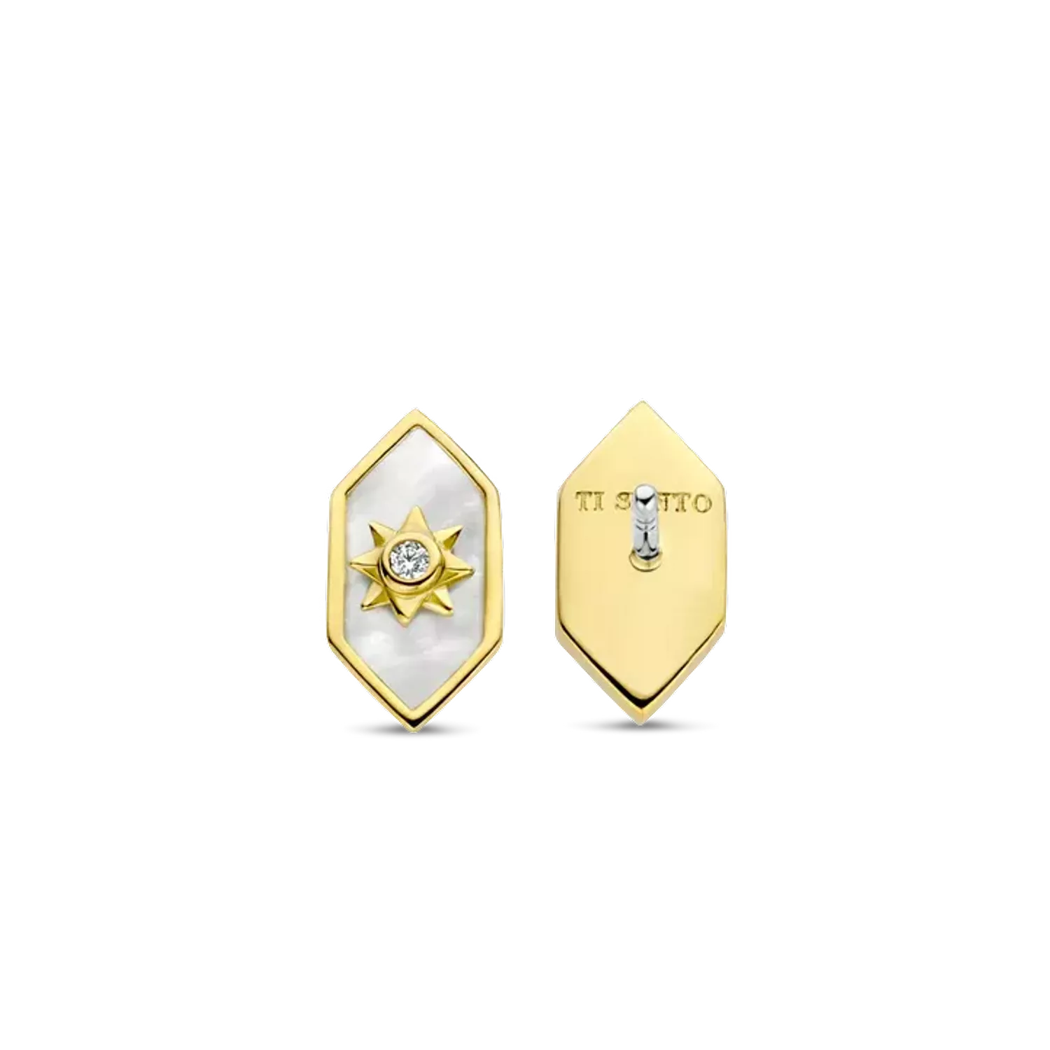 Kolczyki damskie pokryte złotem TI SENTO Masa perłowa z ciepłym złotem 7943MW Urzekające kolczyki ze srebra pokrytego złotem w kształcie hexogonu. Kolczyki marki Ti Sento idealne dla kobiet, które kochają klasyczną biżuteri.webp