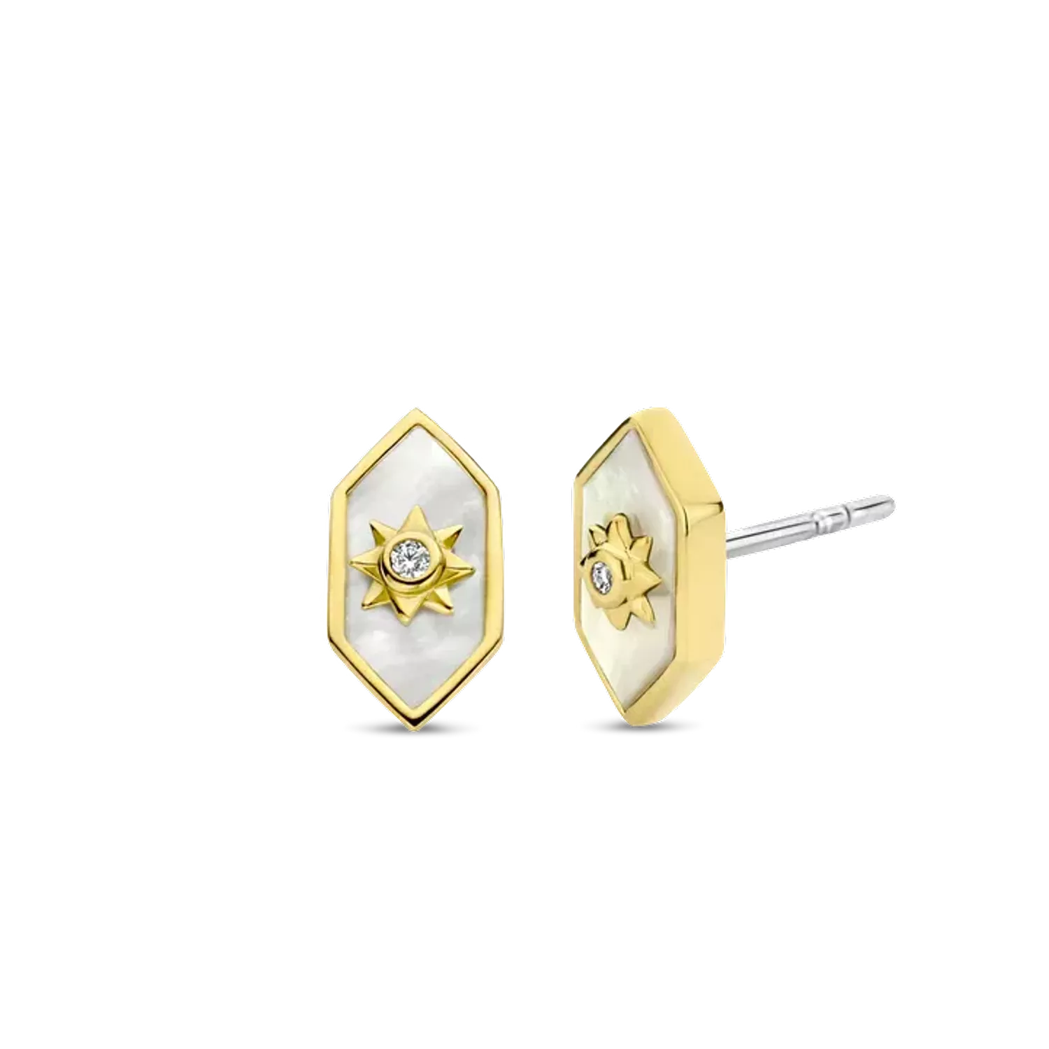 Kolczyki damskie pokryte złotem TI SENTO Masa perłowa z ciepłym złotem 7943MW Urzekające kolczyki ze srebra pokrytego złotem w kształcie hexogonu. Kolczyki marki Ti Sento idealne dla kobiet, które kochają klasyczną biżuteri.webp