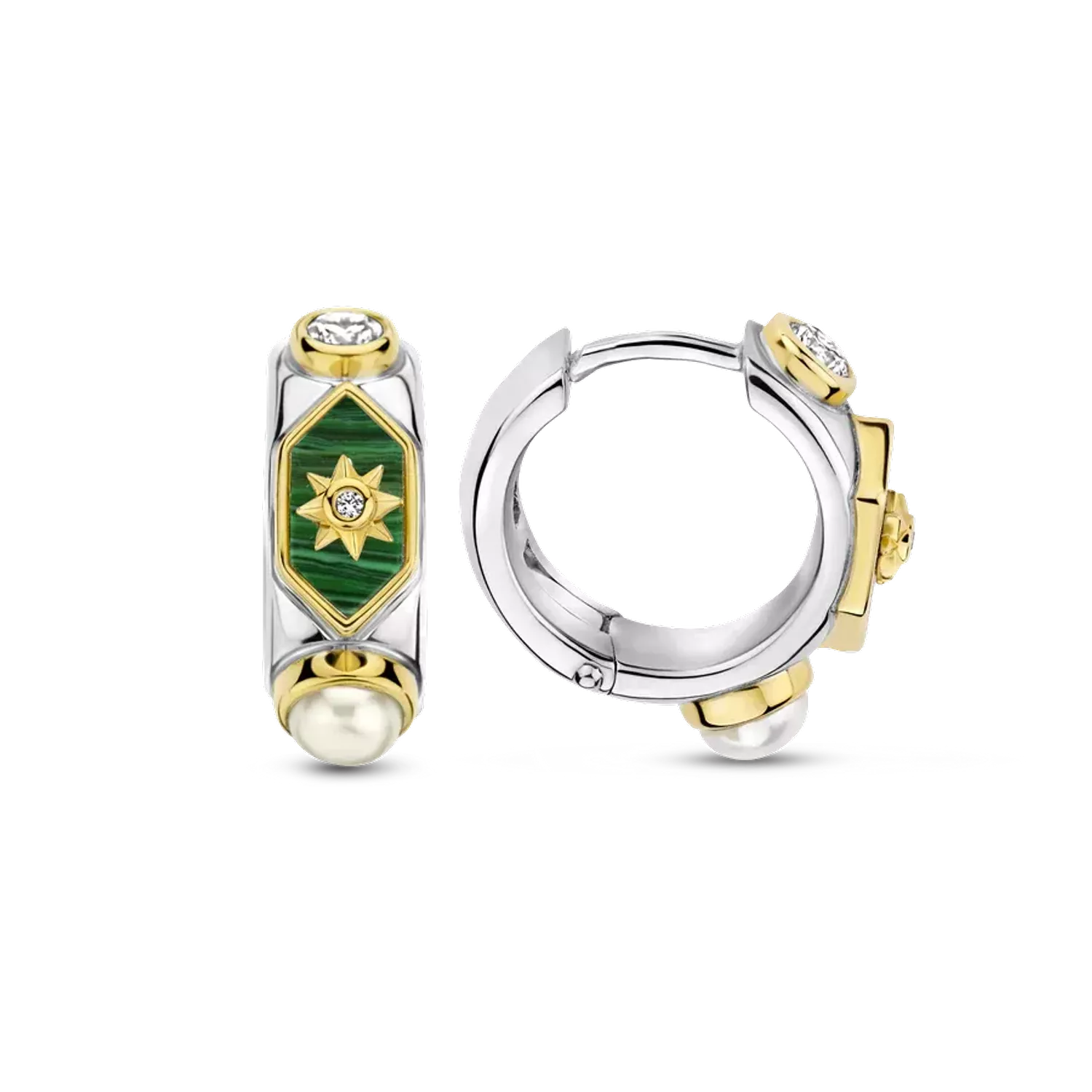 Kolczyki koła pokryte złotem TI SENTO Milano cyrkonia, perła i malachit 7946MA Urzekające kolczyki ze srebra pokrytego złotem w kształcie kółeczka. Kolczyki marki Ti Sento idealne dla kobiet, które kochają klasyczną (2).webp