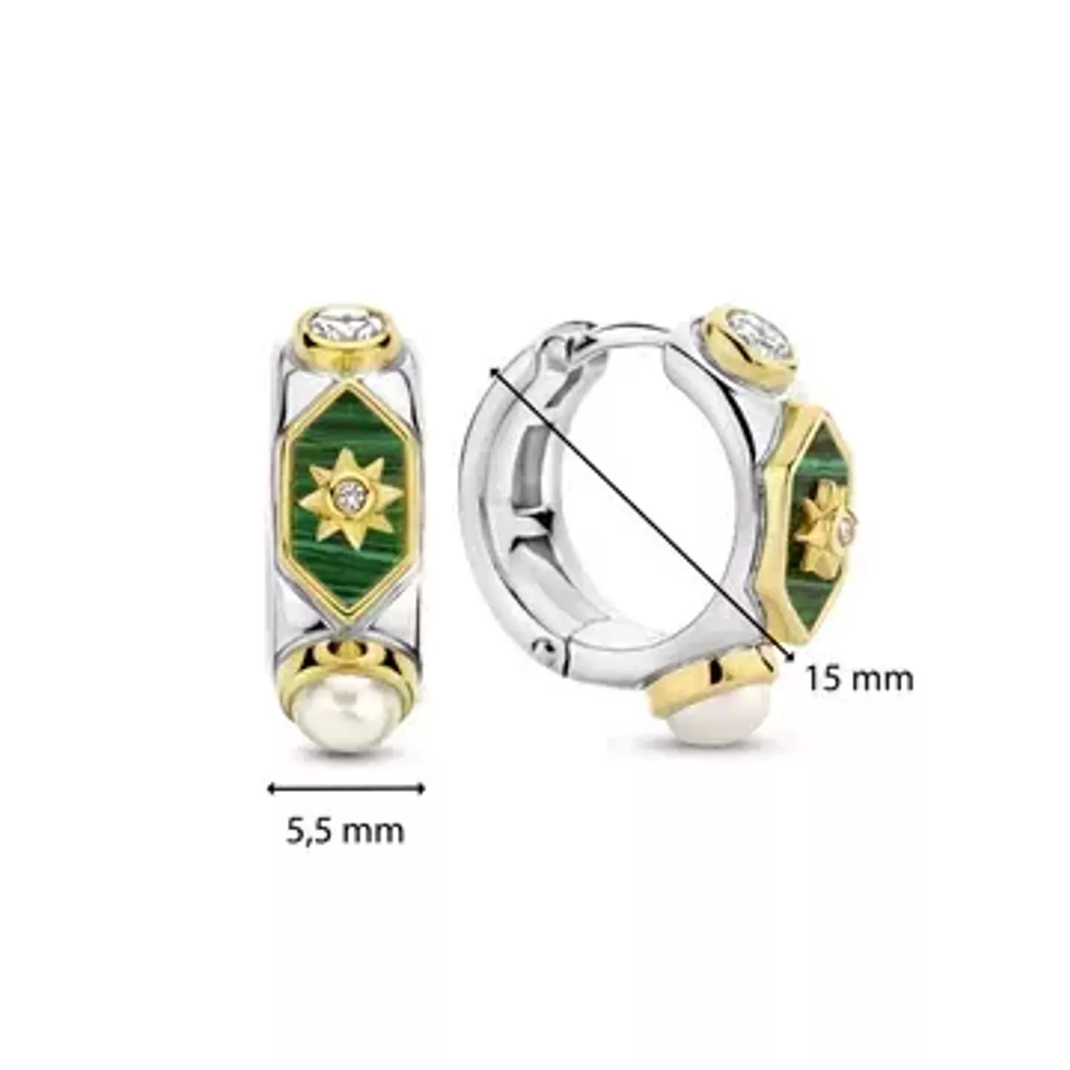 Kolczyki koła pokryte złotem TI SENTO Milano cyrkonia, perła i malachit 7946MA Urzekające kolczyki ze srebra pokrytego złotem w kształcie kółeczka. Kolczyki marki Ti Sento idealne dla kobiet, które kochają klasyczną (2).webp