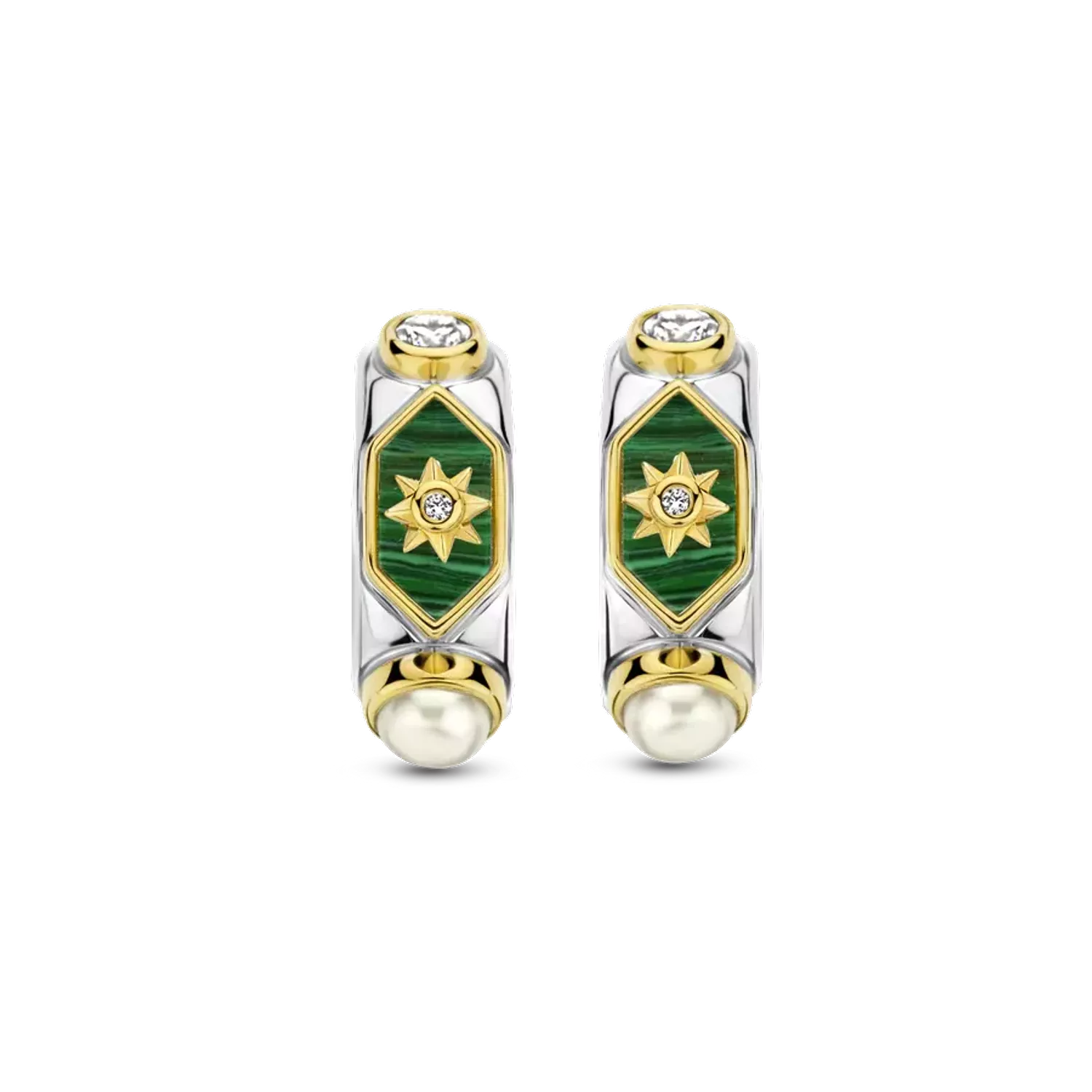 Kolczyki koła pokryte złotem TI SENTO Milano cyrkonia, perła i malachit 7946MA Urzekające kolczyki ze srebra pokrytego złotem w kształcie kółeczka. Kolczyki marki Ti Sento idealne dla kobiet, które kochają klasyczną (2).webp