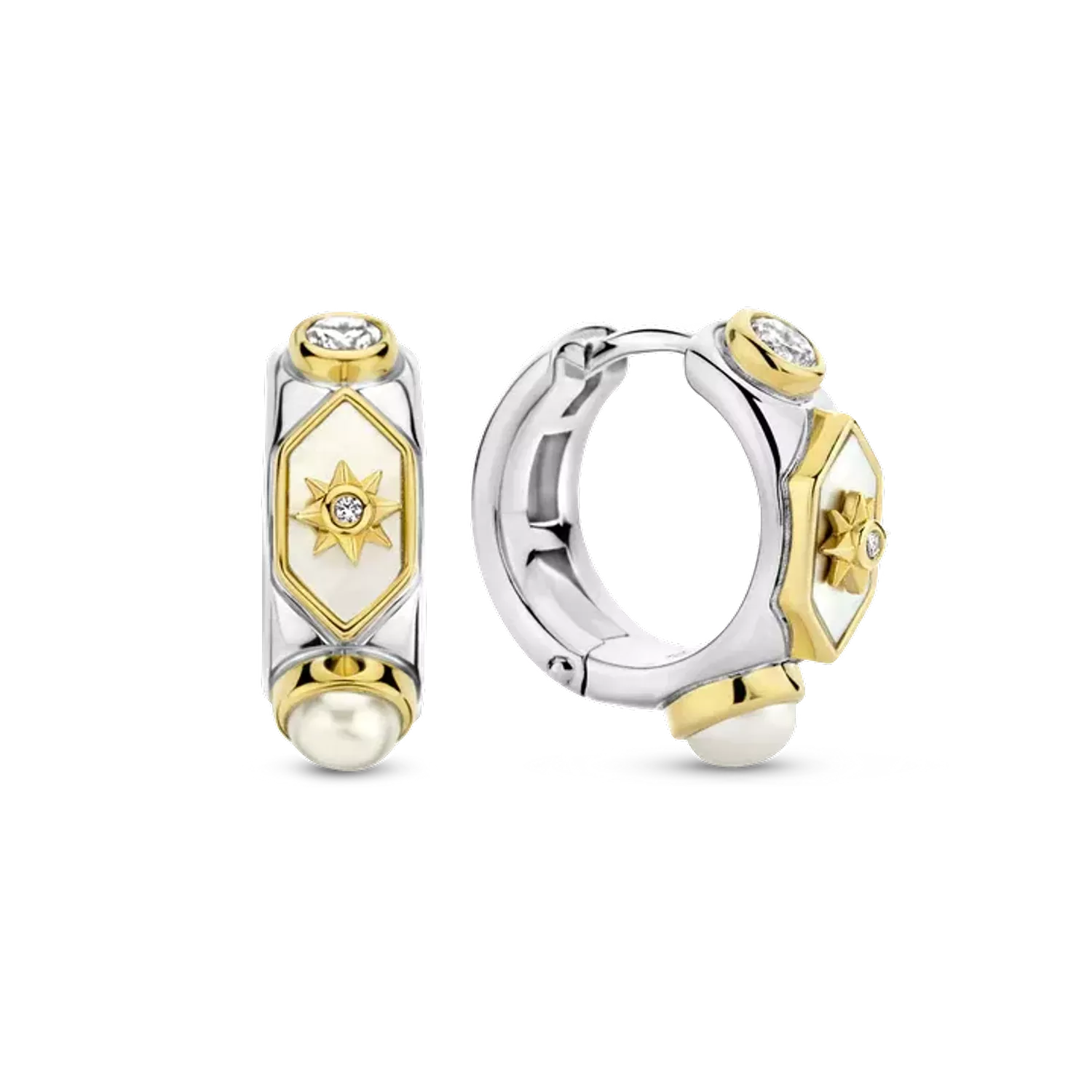 Kolczyki koła pokryte złotem TI SENTO Milano cyrkonia, perła i masa perłowa 7946MW urzekające kolczyki ze srebra pokrytego złotem w kształcie kółeczka. Kolczyki marki Ti Sento idealne dla kobiet, które kochają klasyczną biż.webp