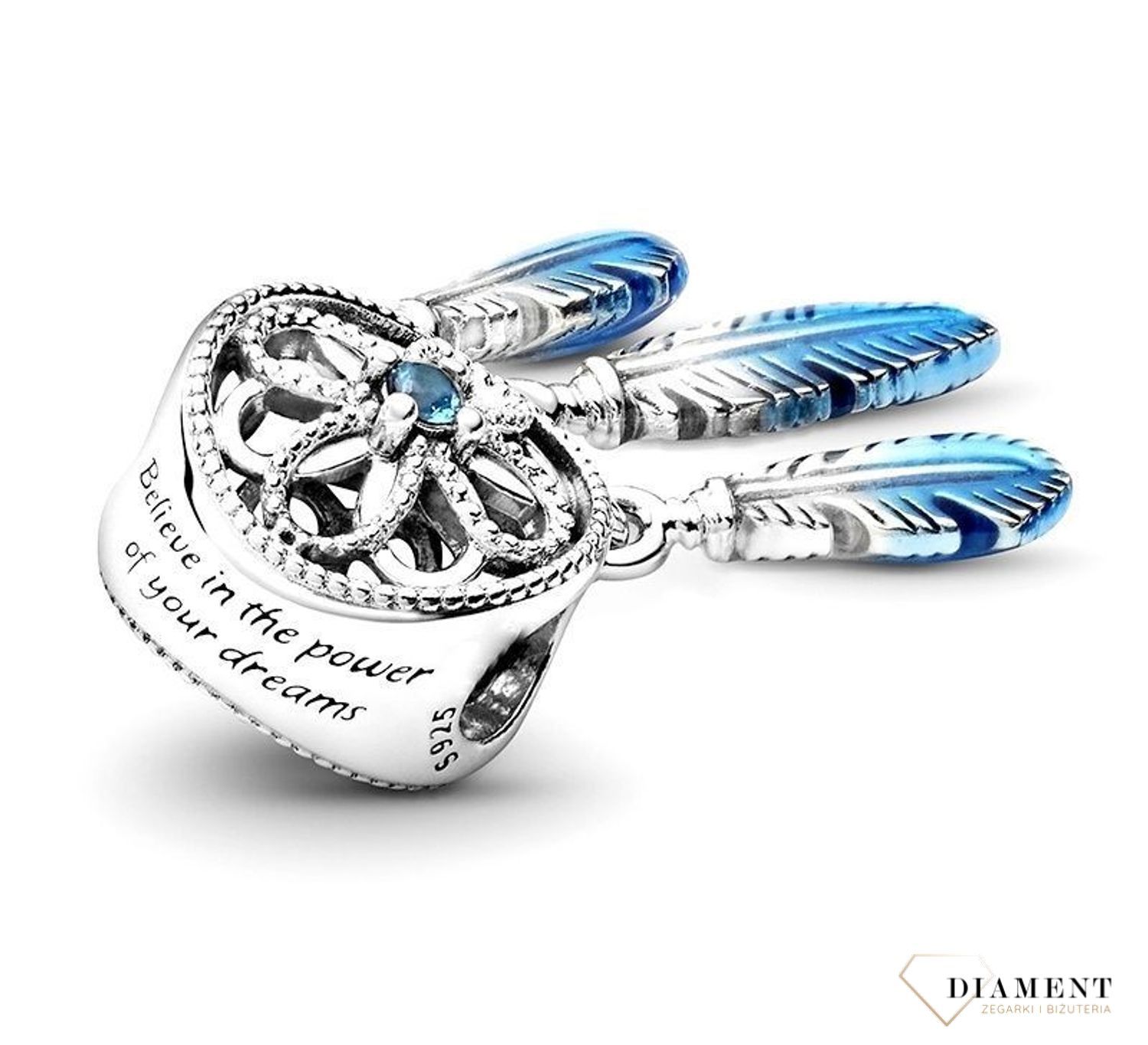 Charms Moments Okrągły Łapacz snów z niebieskimi piórkami DIA-CHA-4126-925. Na ten charms składaja się zawieszka w okrągłym kształcie i wiszące piórka.jpg