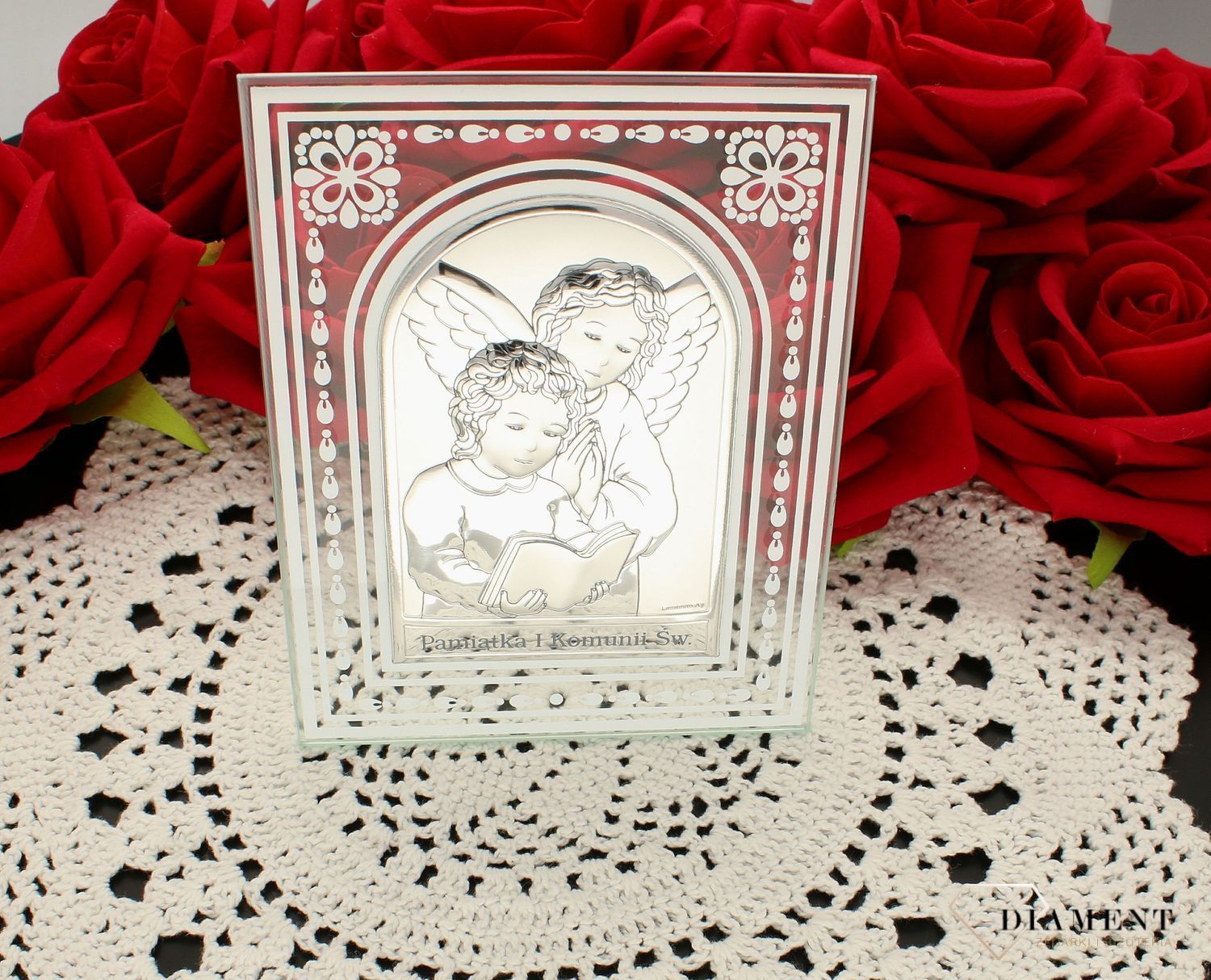 Obrazek srebrny na szkle Pierwsza Komunia Święta z aniołem 81218.1. Obrazek srebrny na komunie. Prezent na komunie dla chłopca. (3).jpg