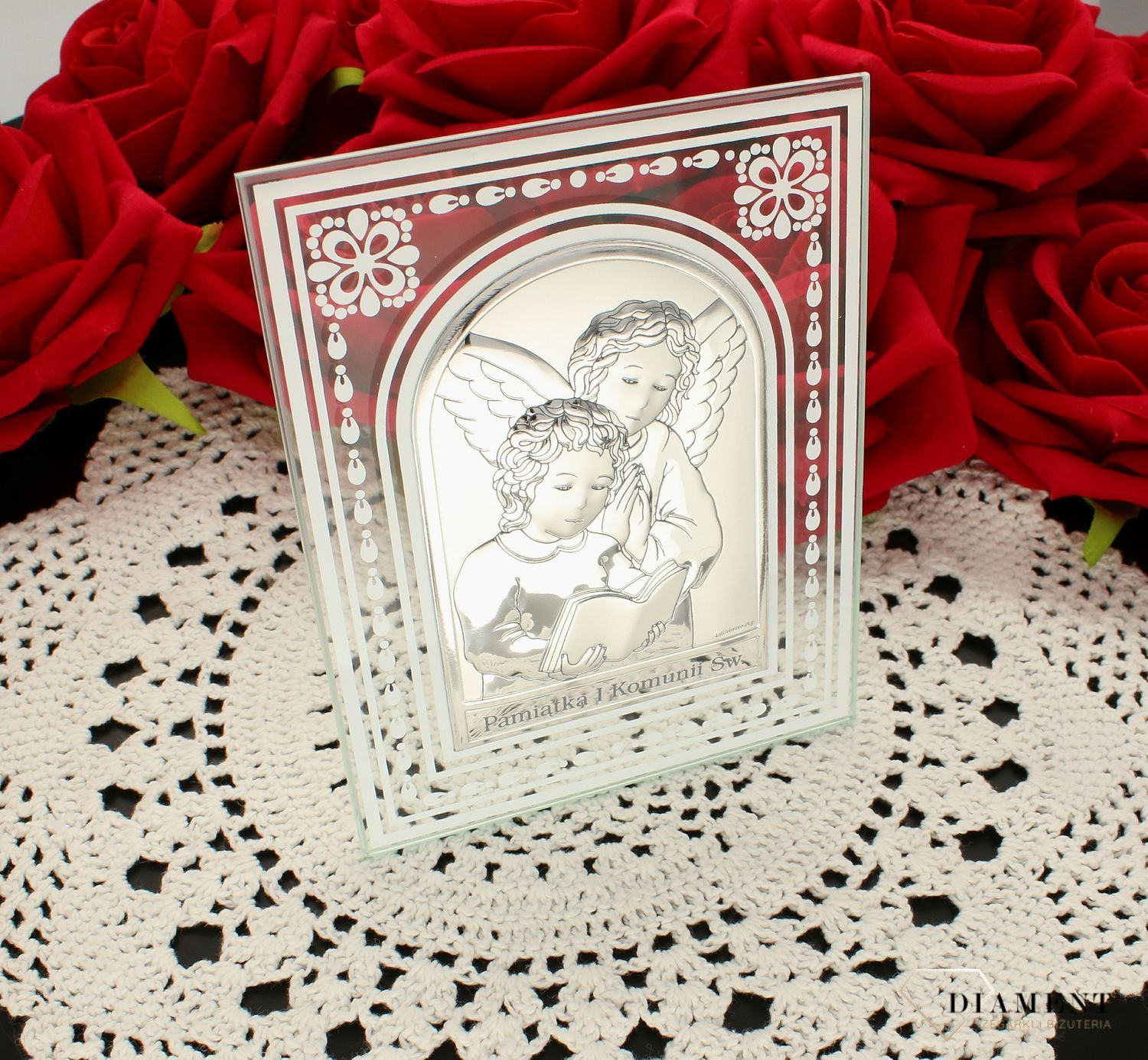 Obrazek srebrny na szkle Pierwsza Komunia Święta z aniołem 81218.1. Obrazek srebrny na komunie. Prezent na komunie dla chłopca. (3).jpg