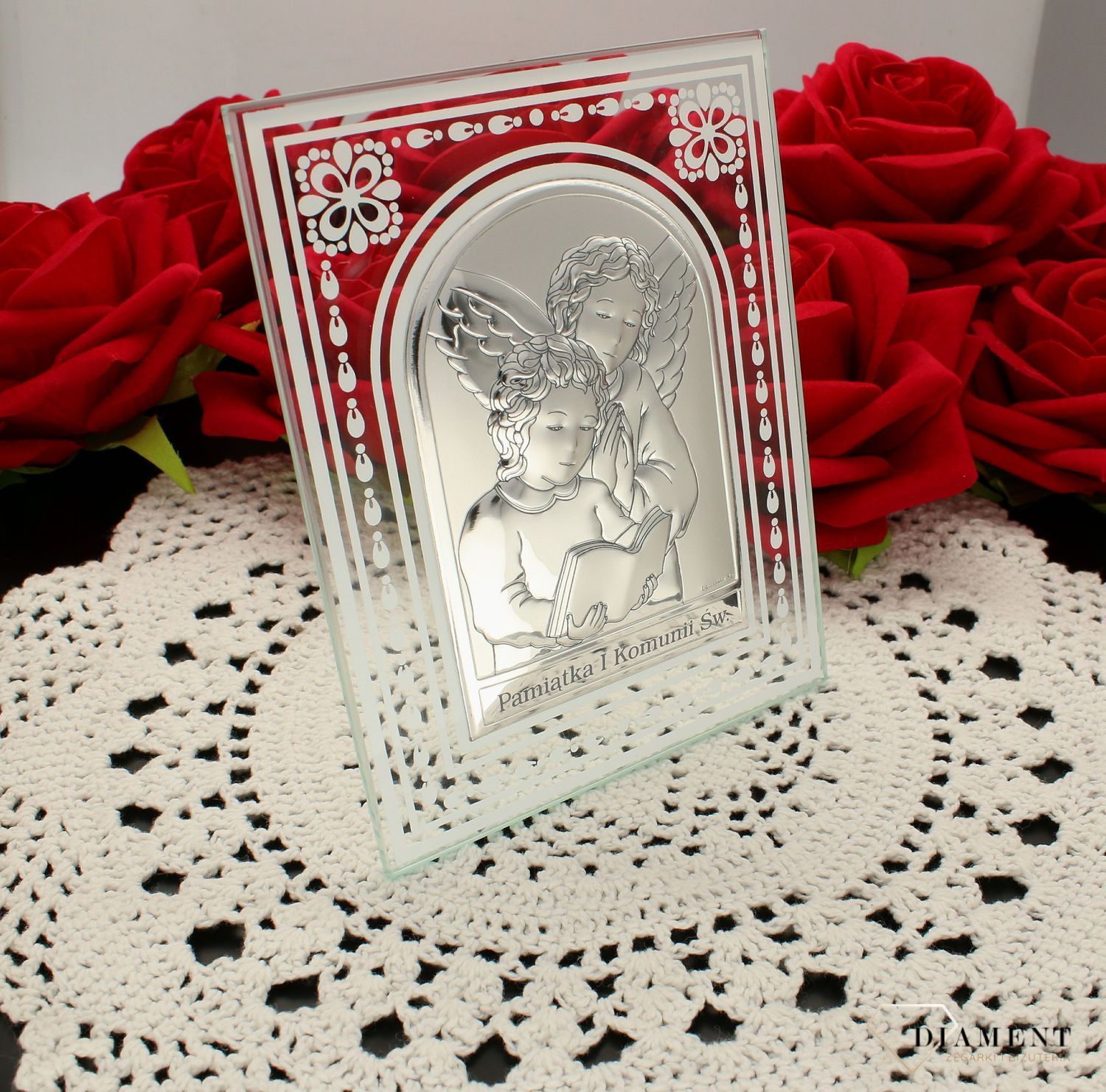 Obrazek srebrny na szkle Pierwsza Komunia Święta z aniołem 81218.1. Obrazek srebrny na komunie. Prezent na komunie dla chłopca. (3).jpg
