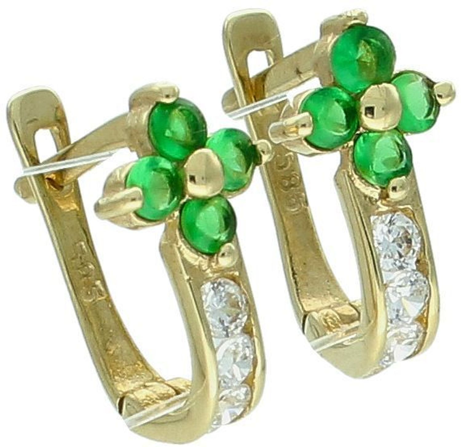 Złote kolczyki dla dziewczynki białe cyrkonie i zielone kwiatki 585. Złote kolczyki z zielonymi kwiatkami wykonane z 14-karatowego złota to doskonały pomysł na prezent dla dziewczynki. 1.jpg