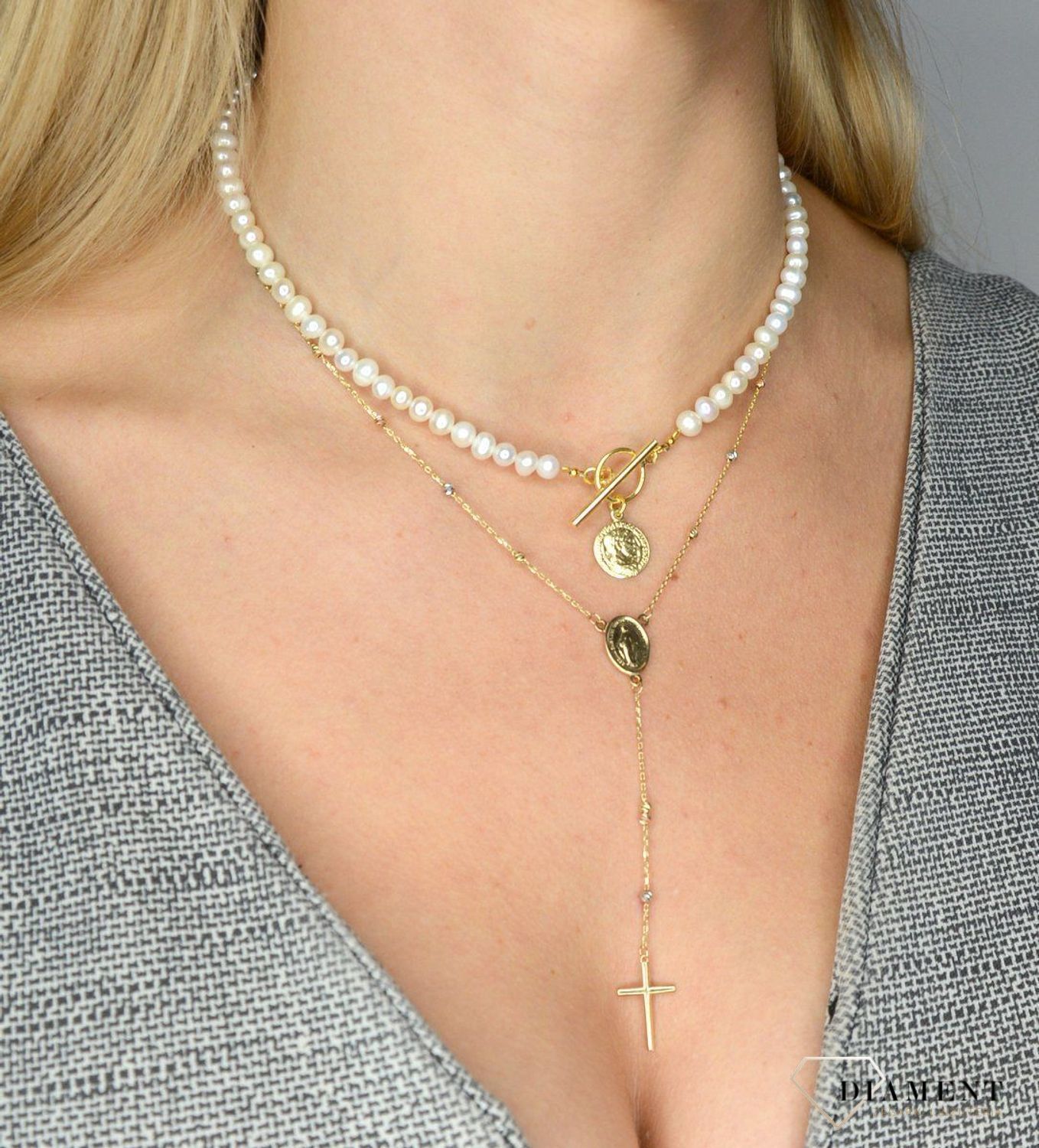 Naszyjnik srebrny pokryty złotem 'Perła z monetą' 910000345929.jpg